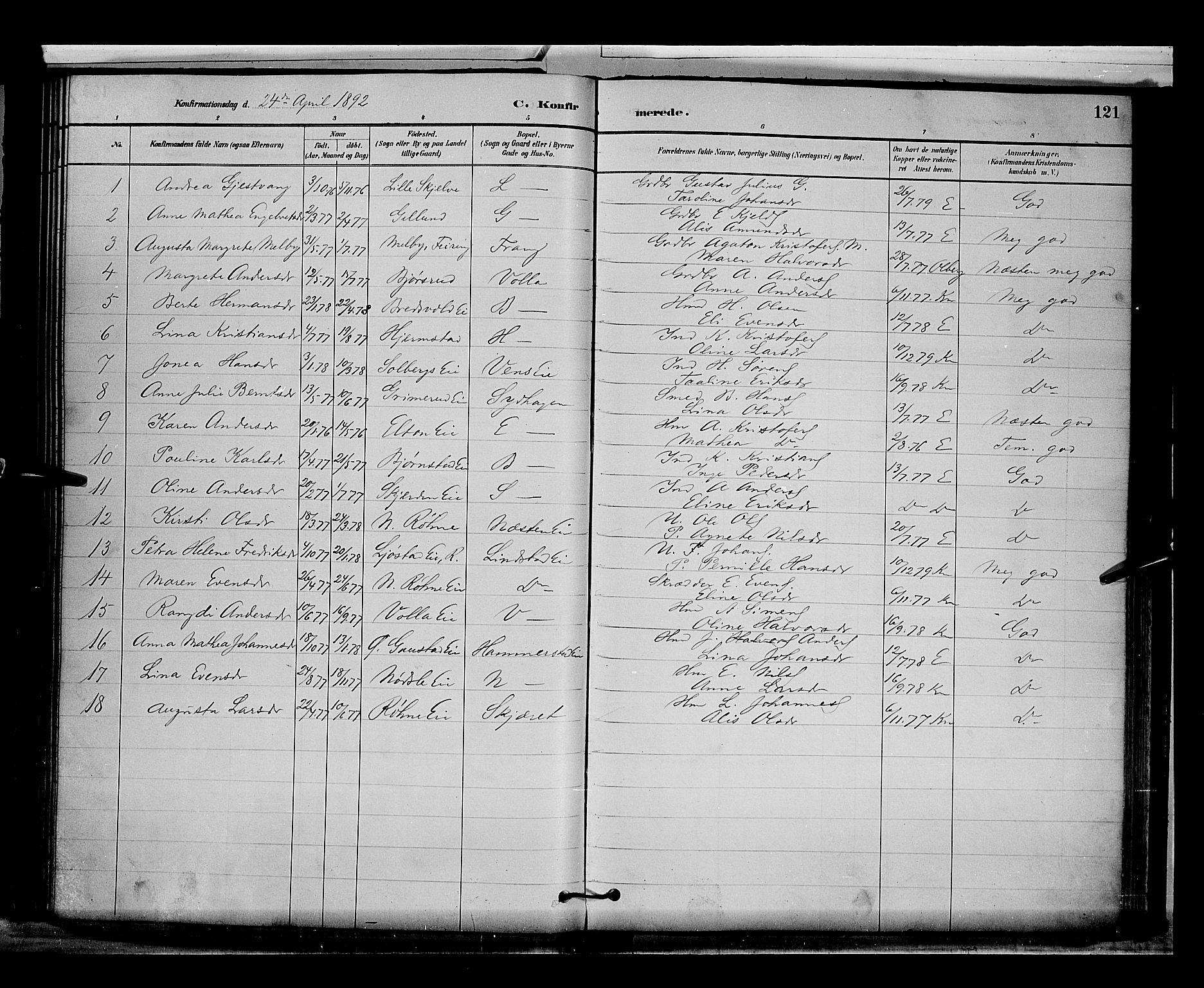 Stange prestekontor, AV/SAH-PREST-002/L/L0009: Parish register (copy) no. 9, 1883-1899, p. 121