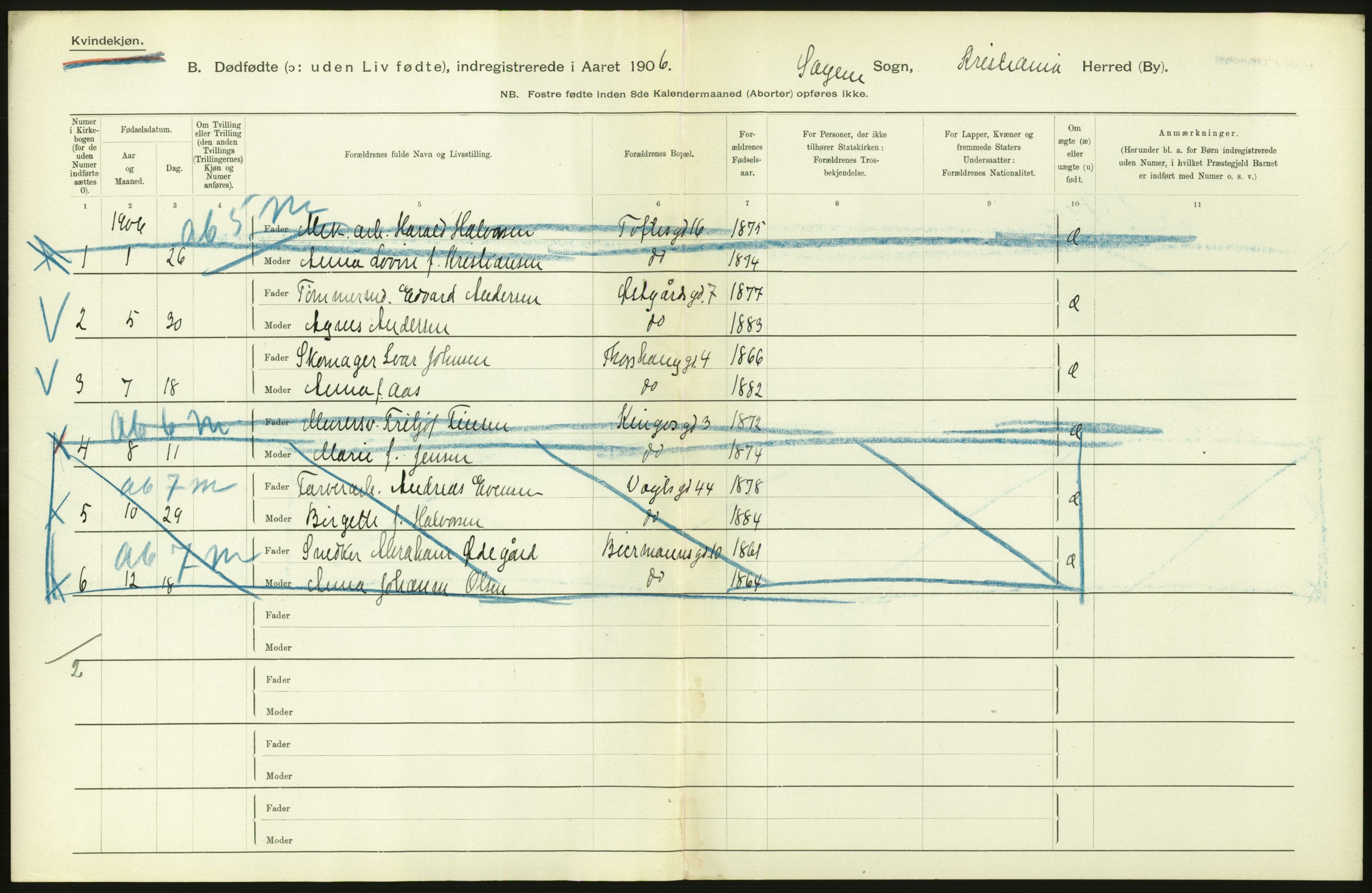 Statistisk sentralbyrå, Sosiodemografiske emner, Befolkning, RA/S-2228/D/Df/Dfa/Dfad/L0010: Kristiania: Døde, dødfødte, 1906, p. 20