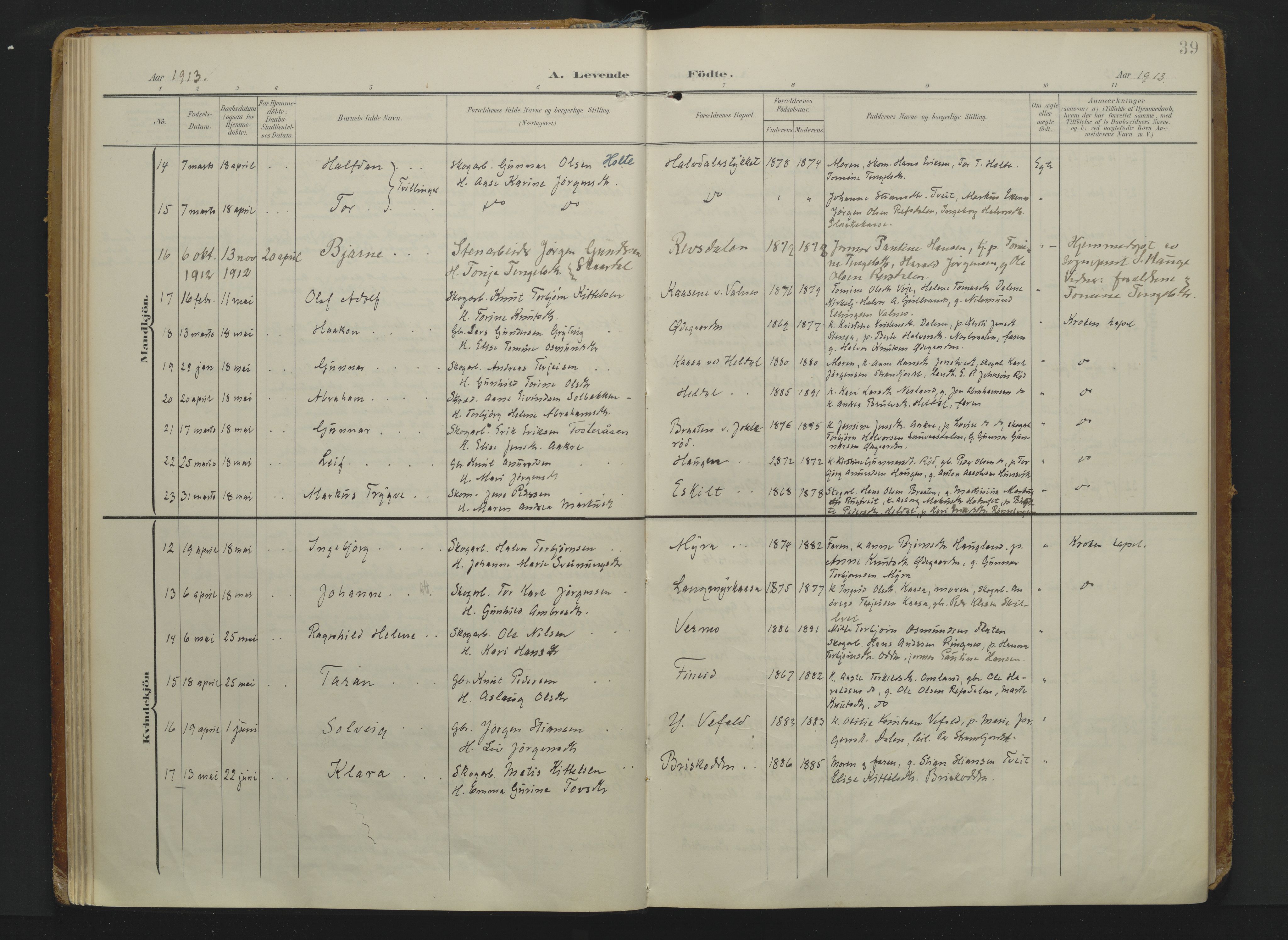 Drangedal kirkebøker, AV/SAKO-A-258/F/Fa/L0014: Parish register (official) no. 14, 1906-1920, p. 39