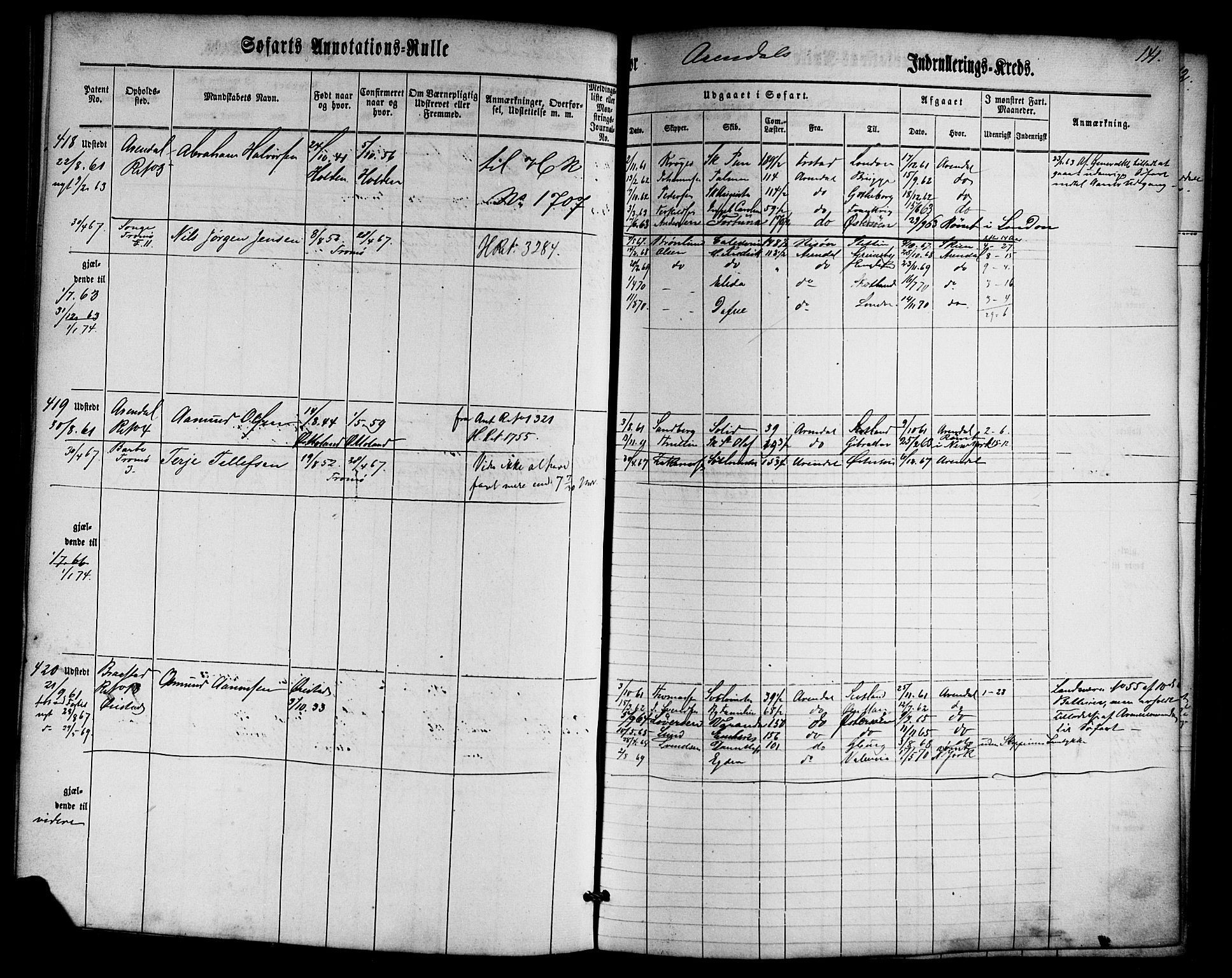 Arendal mønstringskrets, AV/SAK-2031-0012/F/Fa/L0001: Annotasjonsrulle nr 1-794 med register, E-1, 1860-1865, p. 175