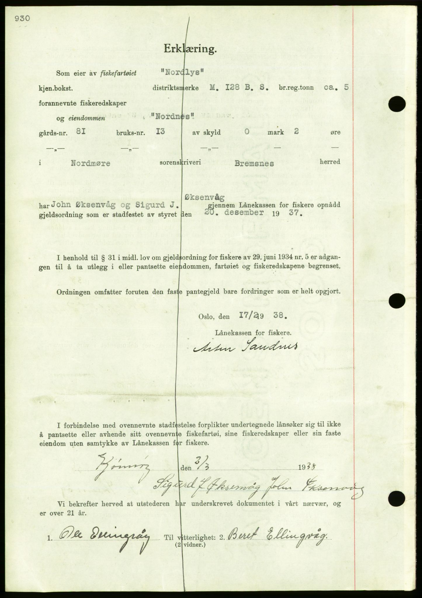 Nordmøre sorenskriveri, AV/SAT-A-4132/1/2/2Ca/L0092: Mortgage book no. B82, 1937-1938, Diary no: : 637/1938