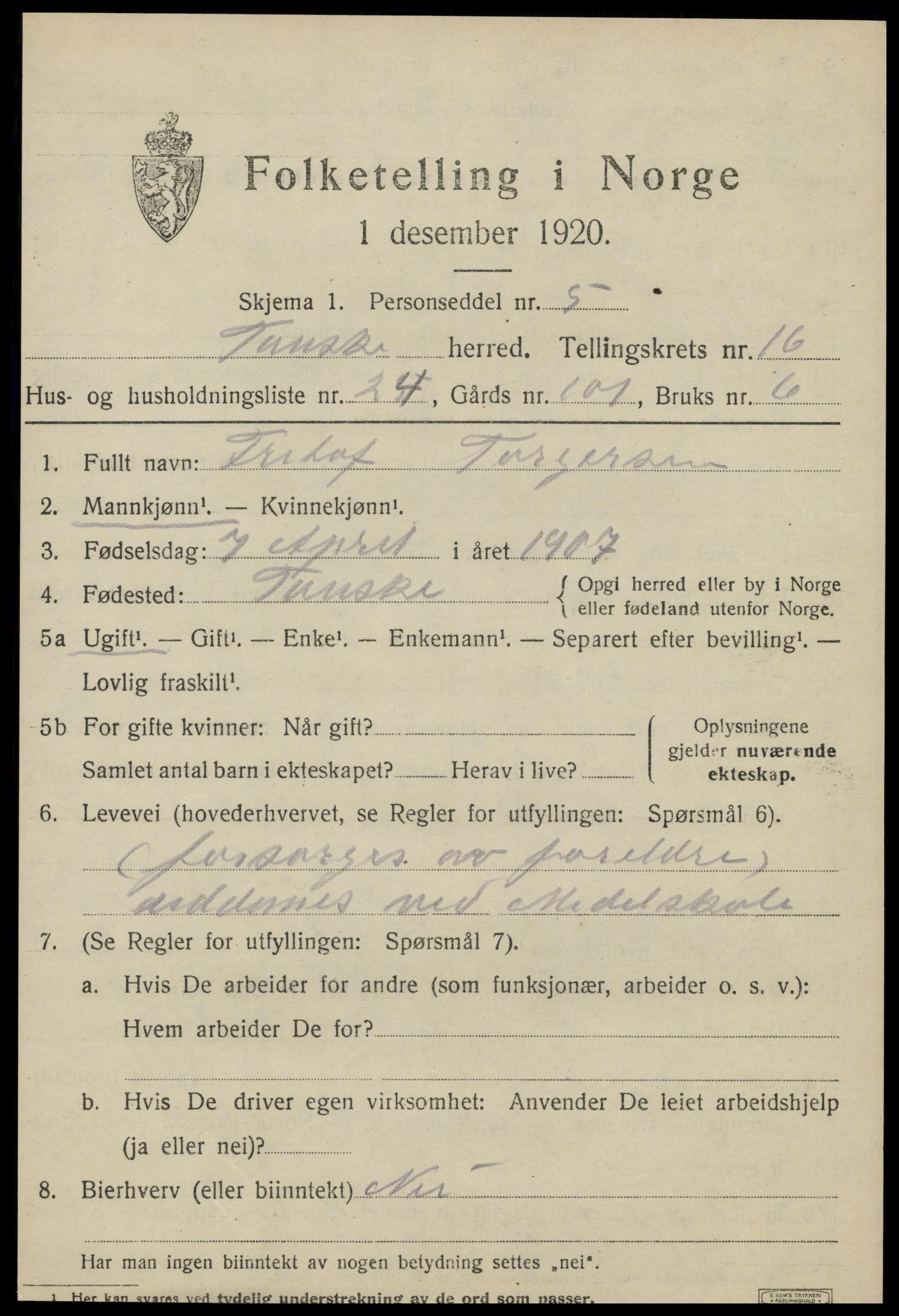 SAT, 1920 census for Fauske, 1920, p. 10102