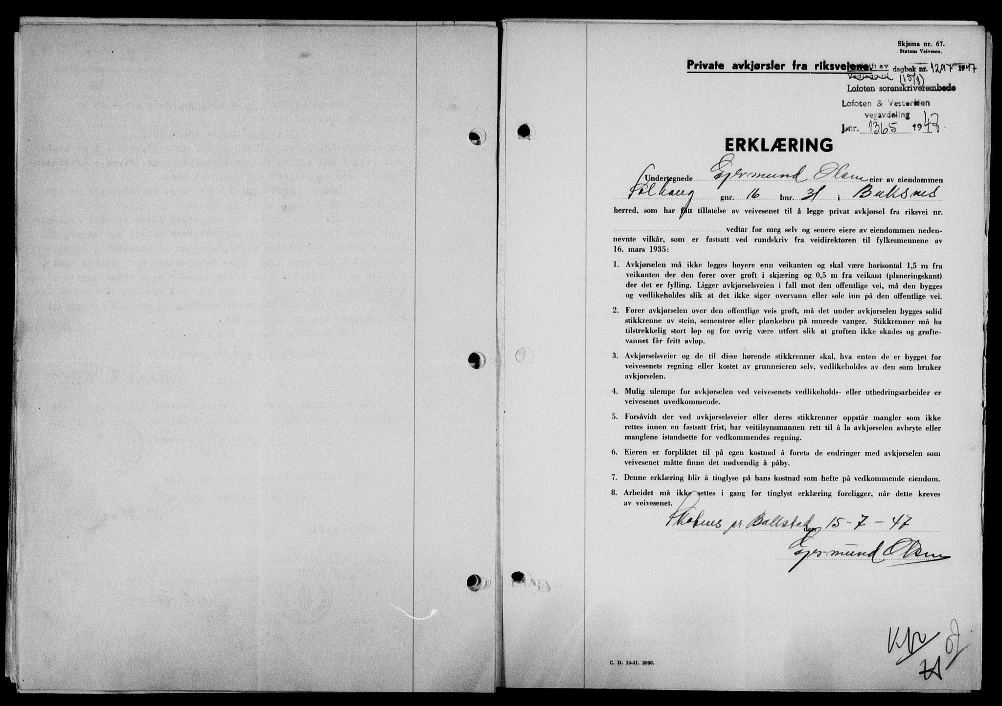 Lofoten sorenskriveri, SAT/A-0017/1/2/2C/L0016a: Mortgage book no. 16a, 1947-1947, Diary no: : 1297/1947