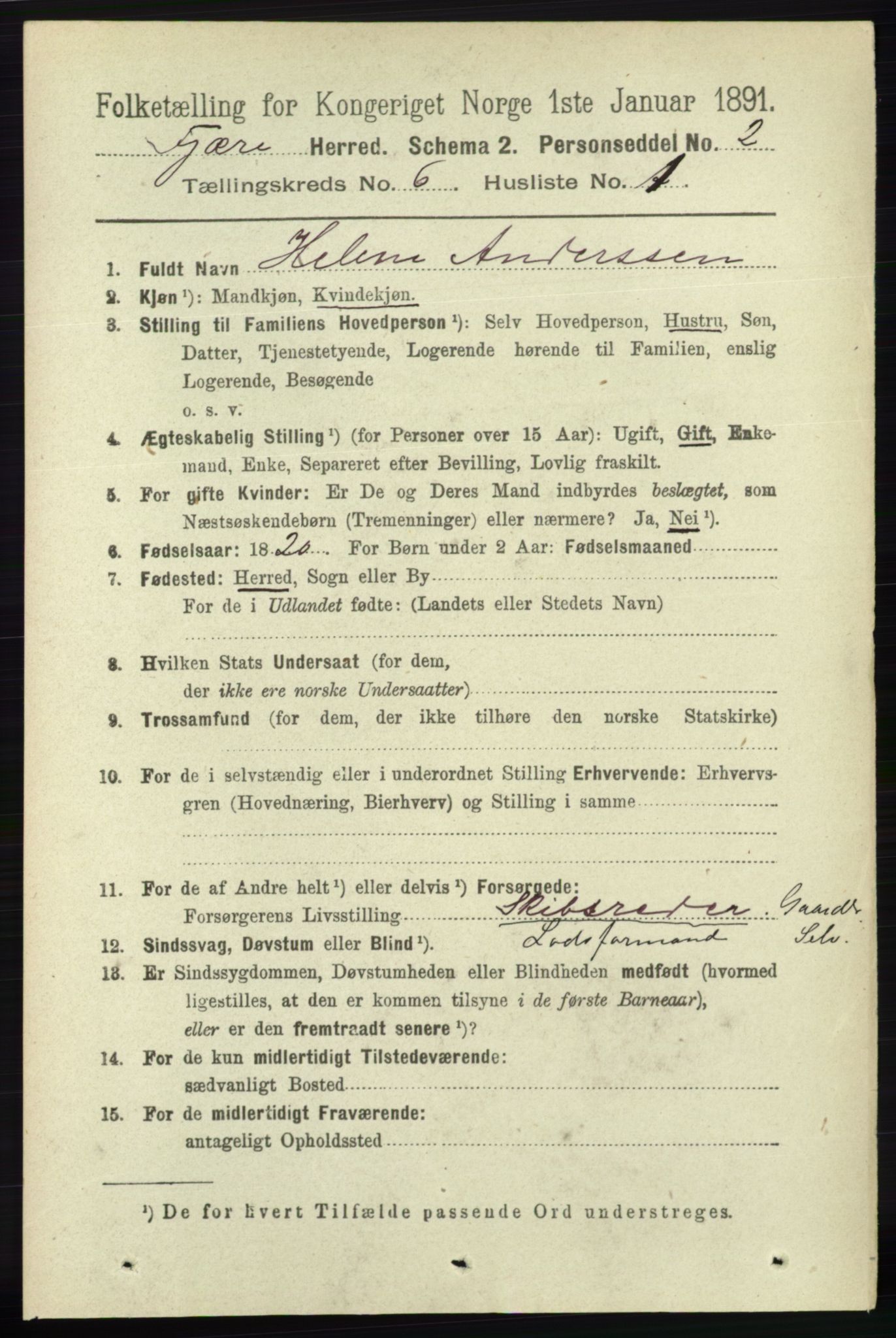 RA, 1891 census for 0923 Fjære, 1891, p. 2960