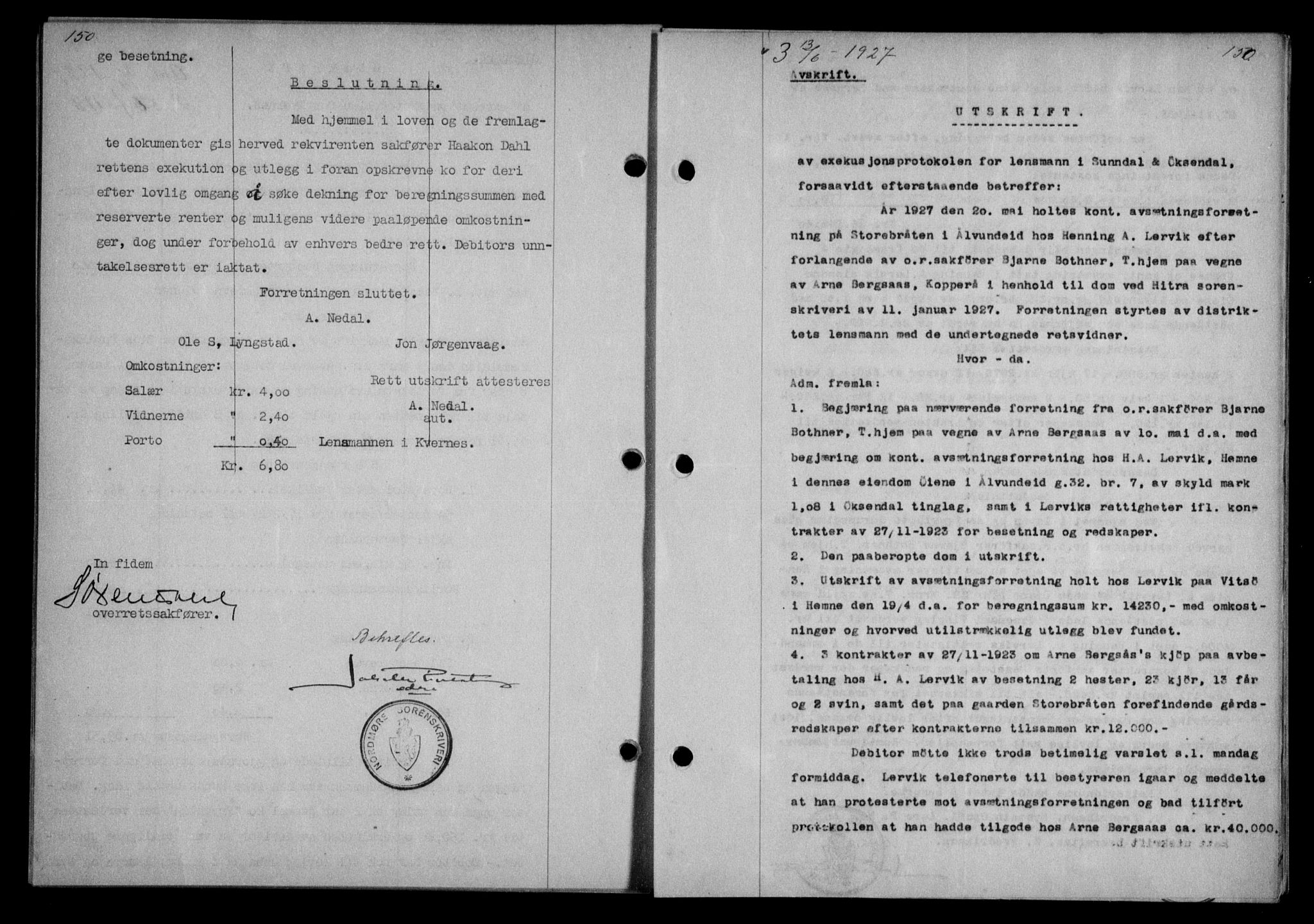 Nordmøre sorenskriveri, AV/SAT-A-4132/1/2/2Ca/L0062: Mortgage book no. 52, 1927-1927, Deed date: 13.06.1927