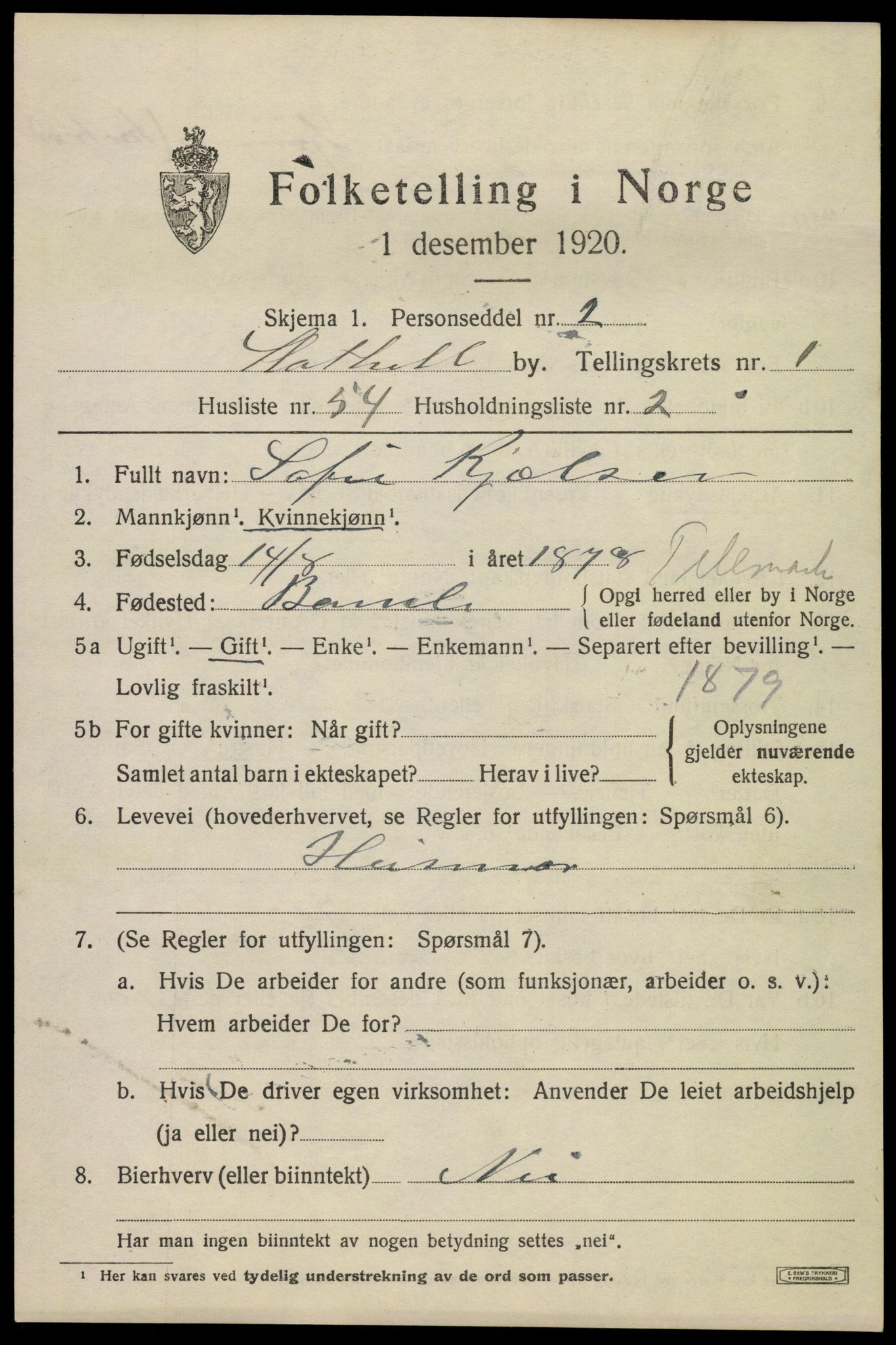 SAKO, 1920 census for Stathelle, 1920, p. 1053