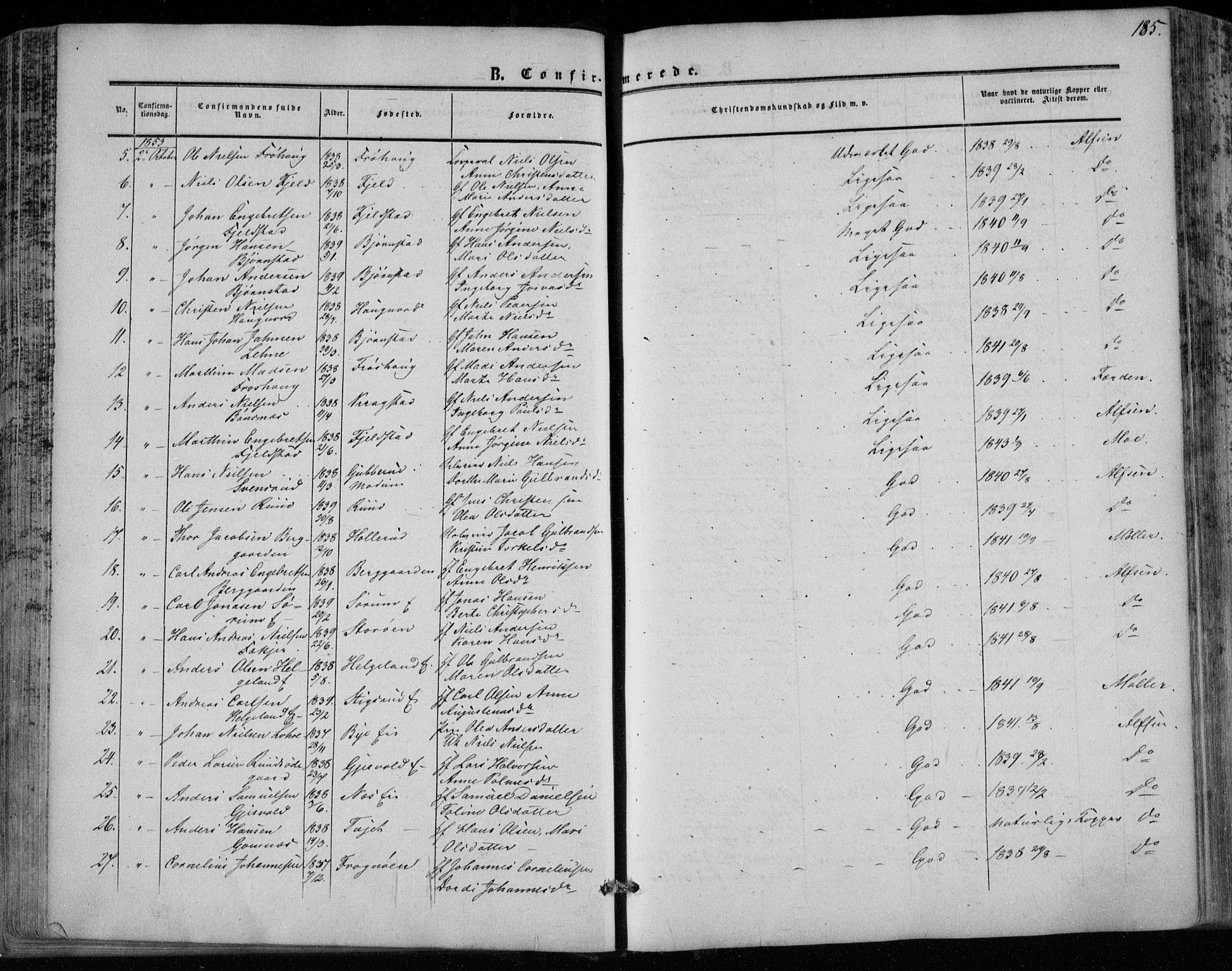 Hole kirkebøker, SAKO/A-228/F/Fa/L0006: Parish register (official) no. I 6, 1852-1872, p. 185