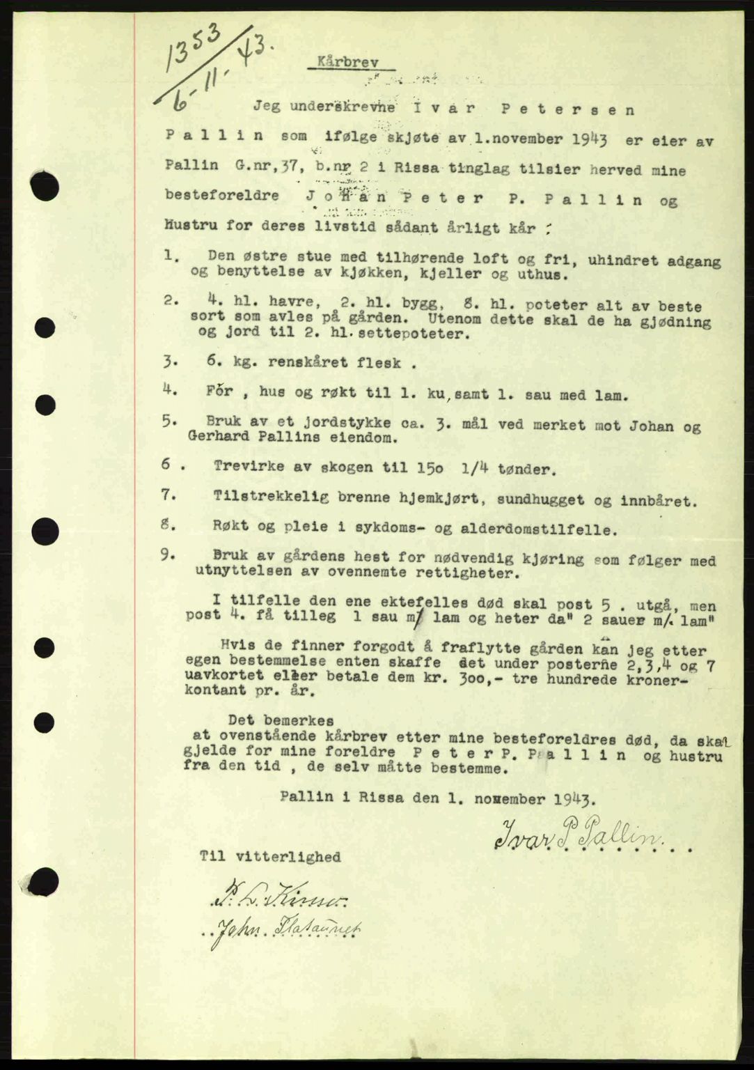 Fosen sorenskriveri, AV/SAT-A-1107/1/2/2C: Mortgage book no. B1, 1943-1945, Diary no: : 1353/1943