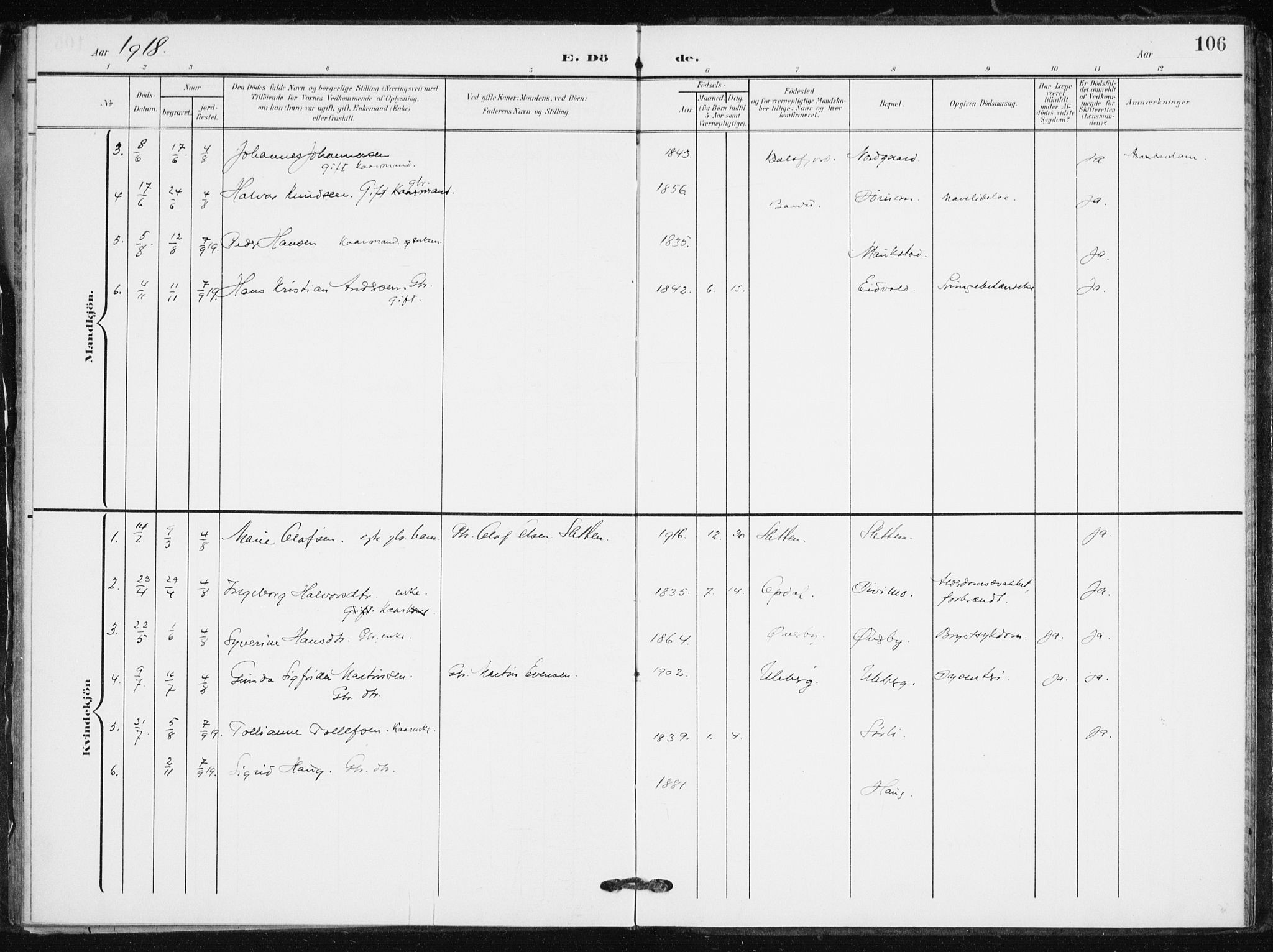 Målselv sokneprestembete, SATØ/S-1311/G/Ga/Gaa/L0012kirke: Parish register (official) no. 12, 1903-1920, p. 106