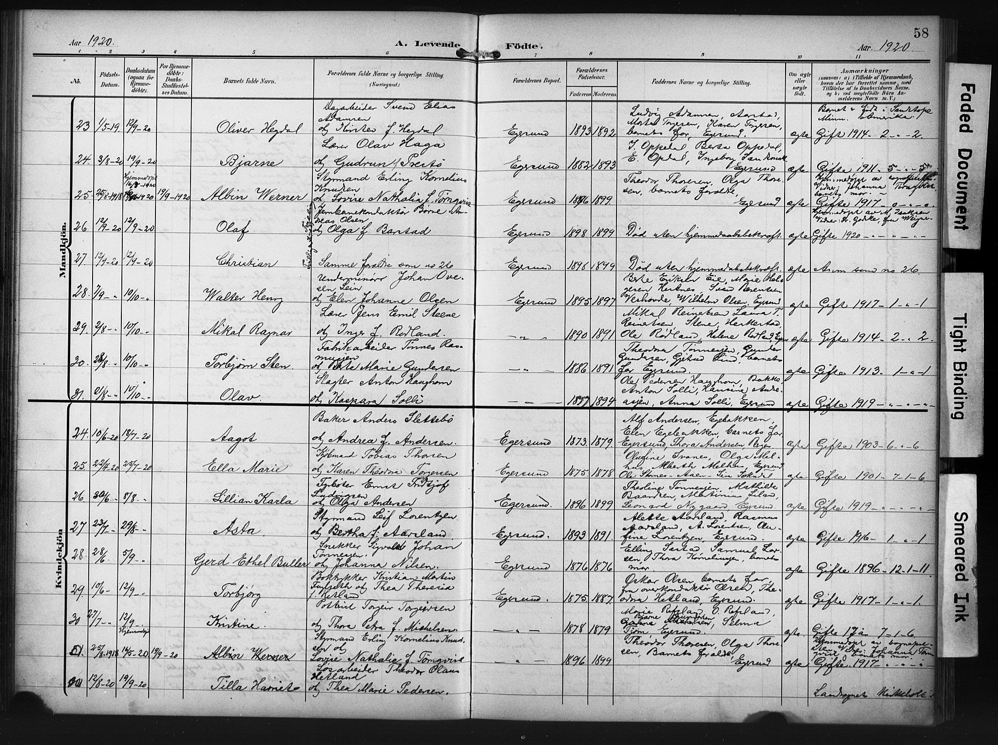 Eigersund sokneprestkontor, AV/SAST-A-101807/001/30/30BB/L0012: Parish register (copy) no. B 12, 1908-1930, p. 58