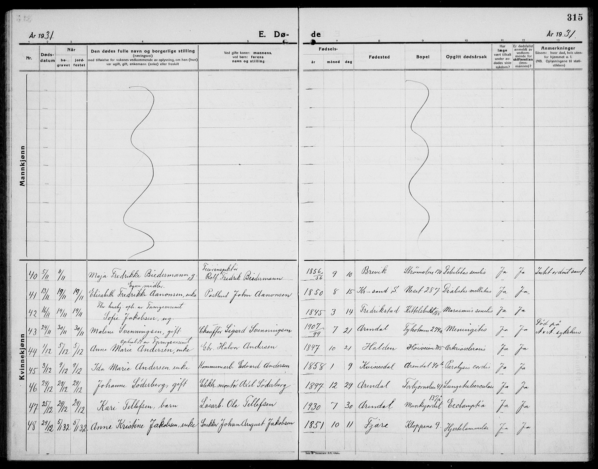 Arendal sokneprestkontor, Trefoldighet, AV/SAK-1111-0040/F/Fb/L0008: Parish register (copy) no. B 8, 1928-1939, p. 315