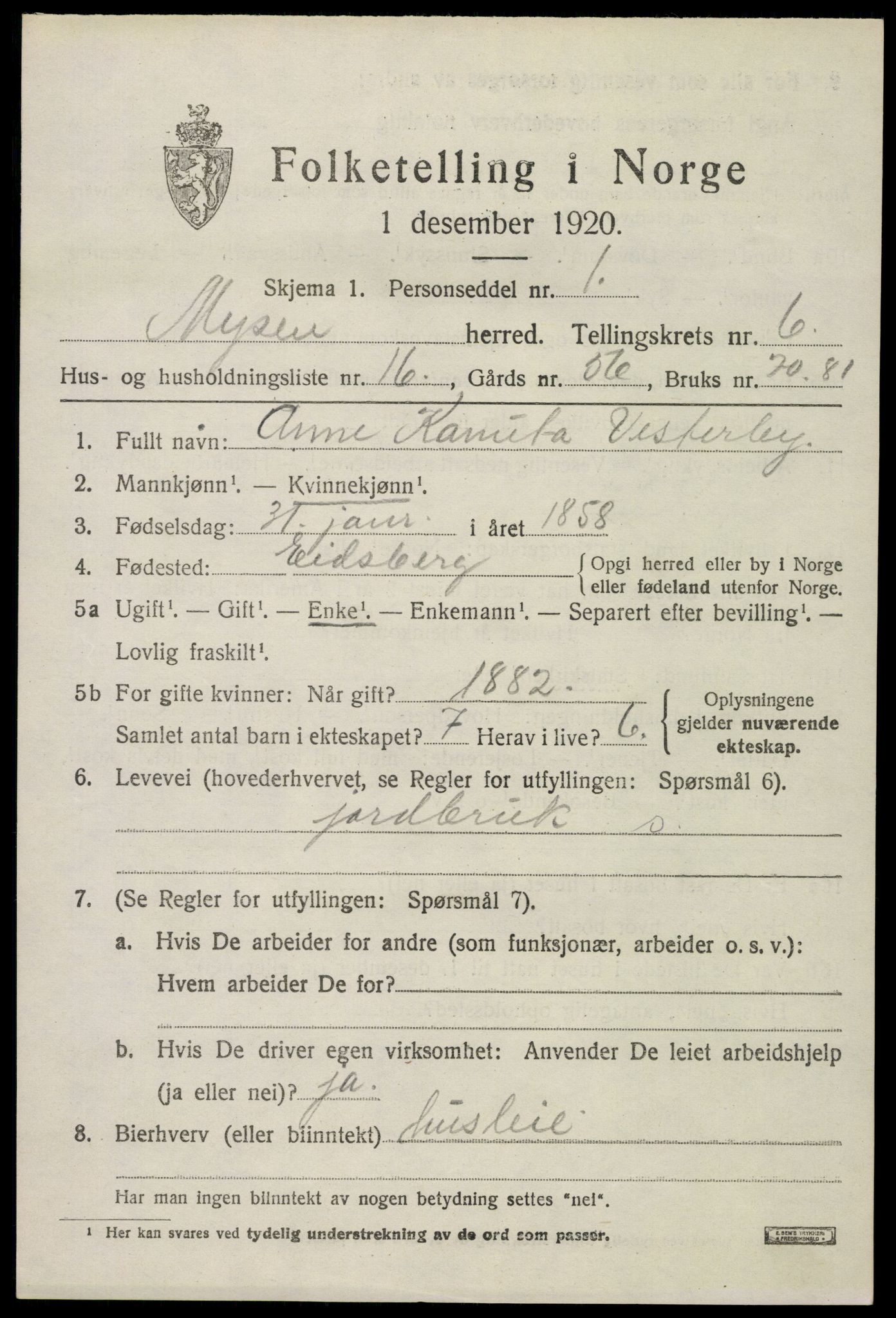 SAO, 1920 census for Mysen, 1920, p. 3101