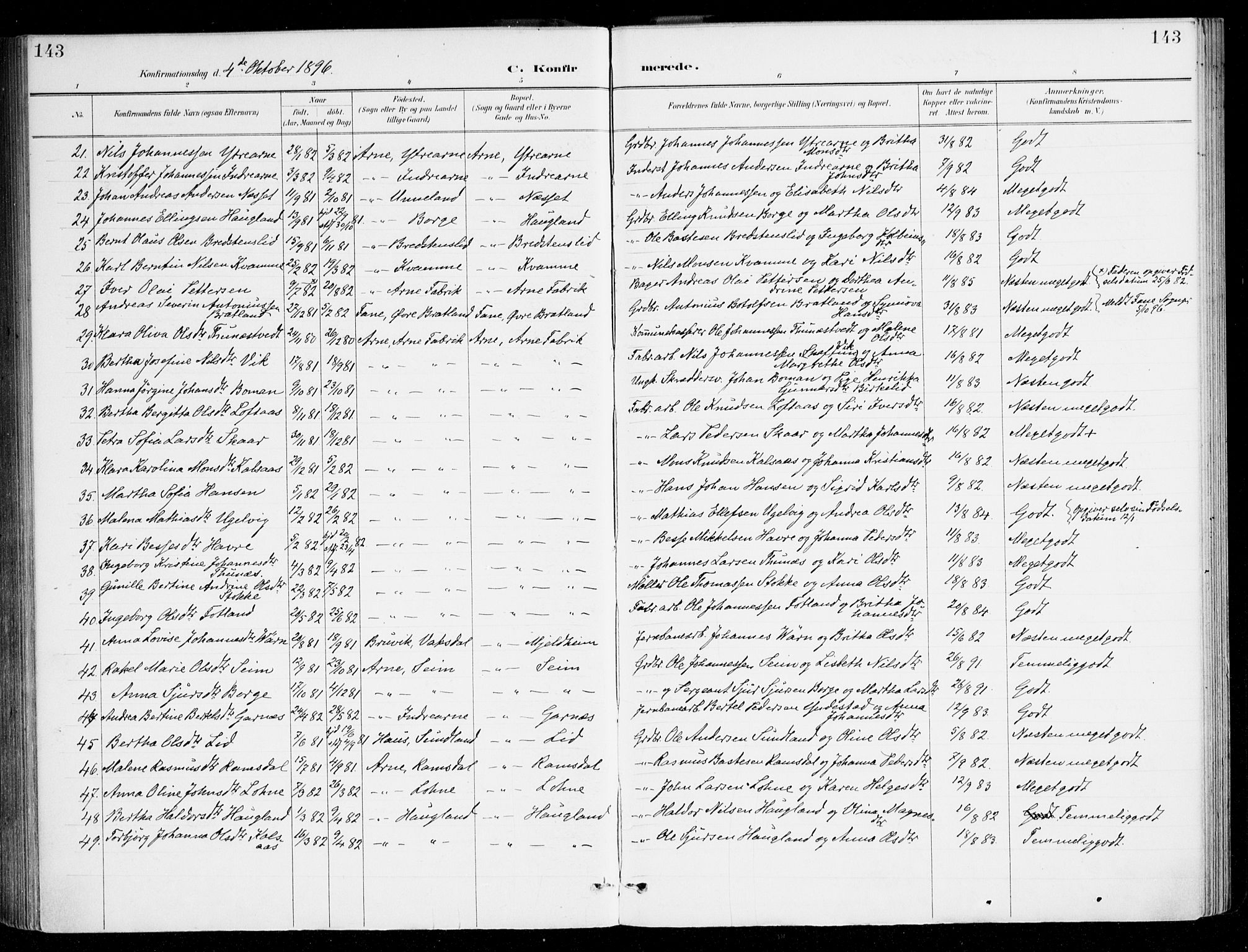 Haus sokneprestembete, AV/SAB-A-75601/H/Haa/Haad/L0001: Parish register (official) no. D 1, 1887-1898, p. 143