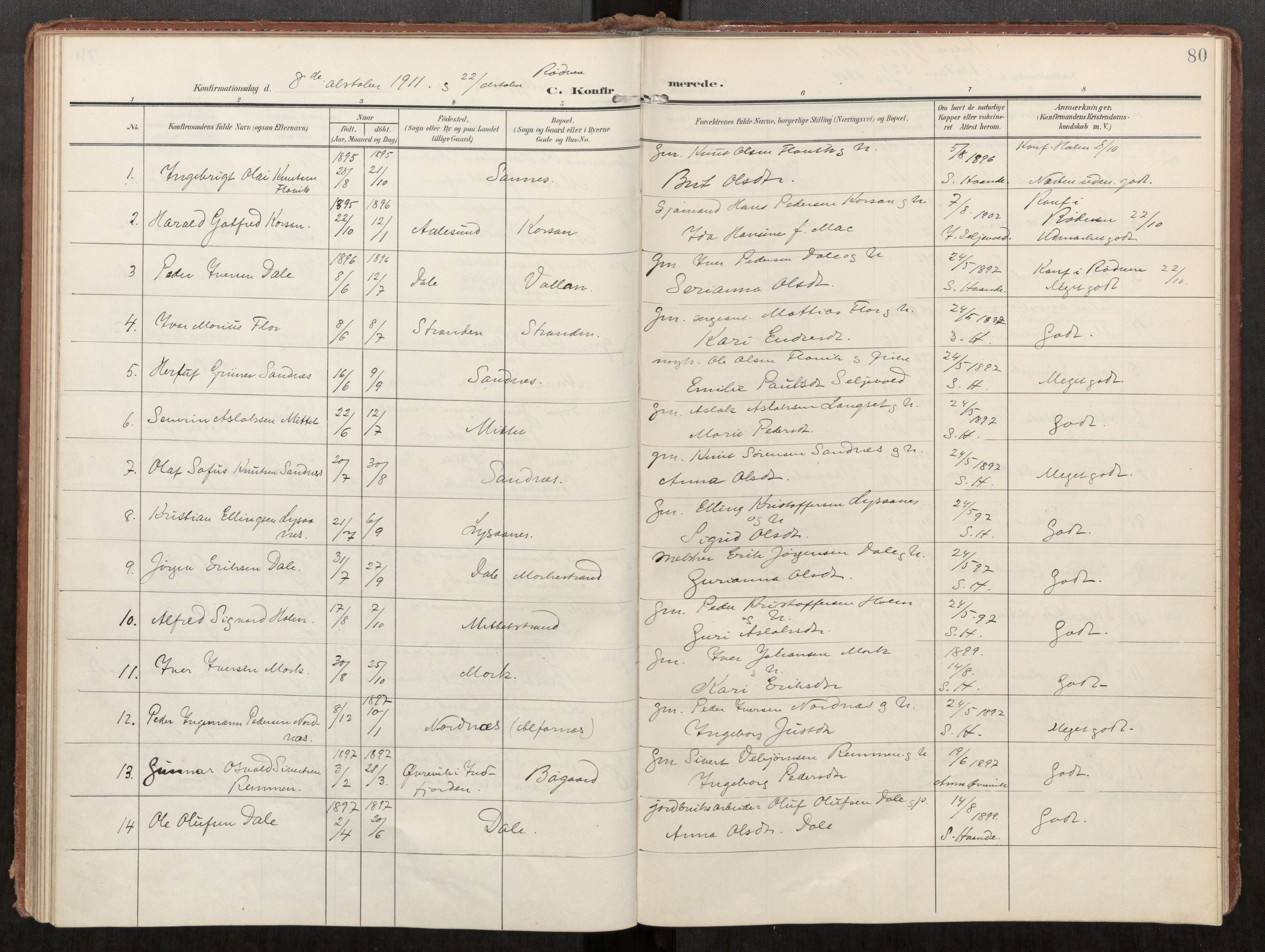 Ministerialprotokoller, klokkerbøker og fødselsregistre - Møre og Romsdal, AV/SAT-A-1454/549/L0618: Parish register (official) no. 549A01, 1906-1927, p. 80