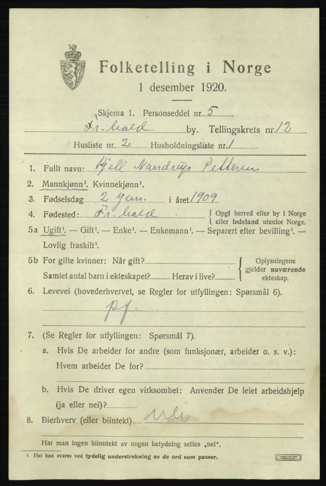 SAO, 1920 census for Fredrikshald, 1920, p. 19857