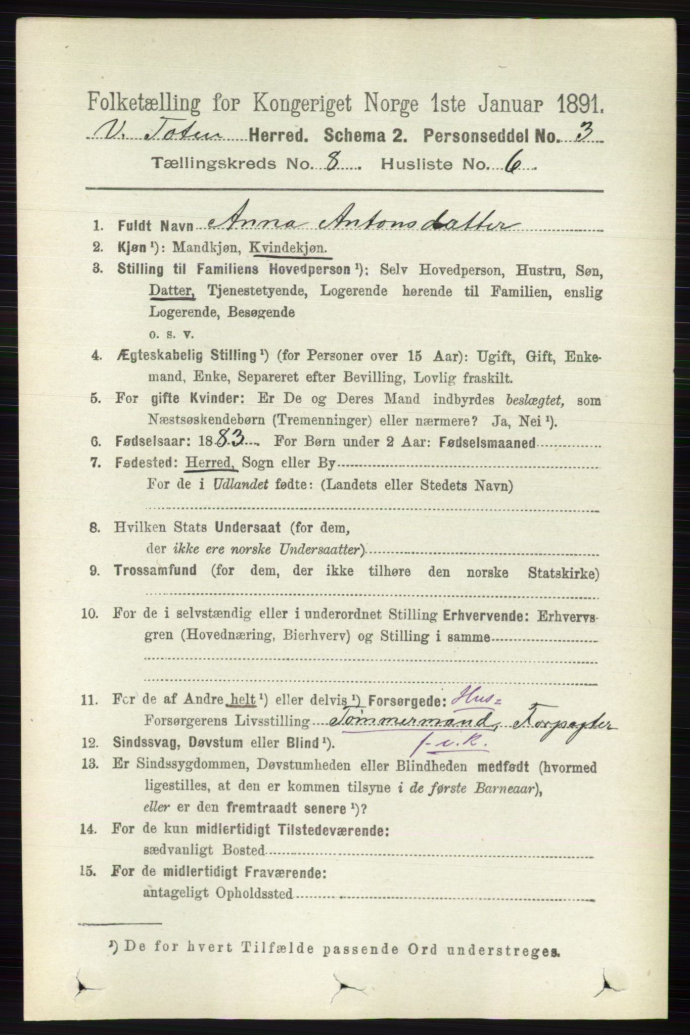 RA, 1891 census for 0529 Vestre Toten, 1891, p. 5041