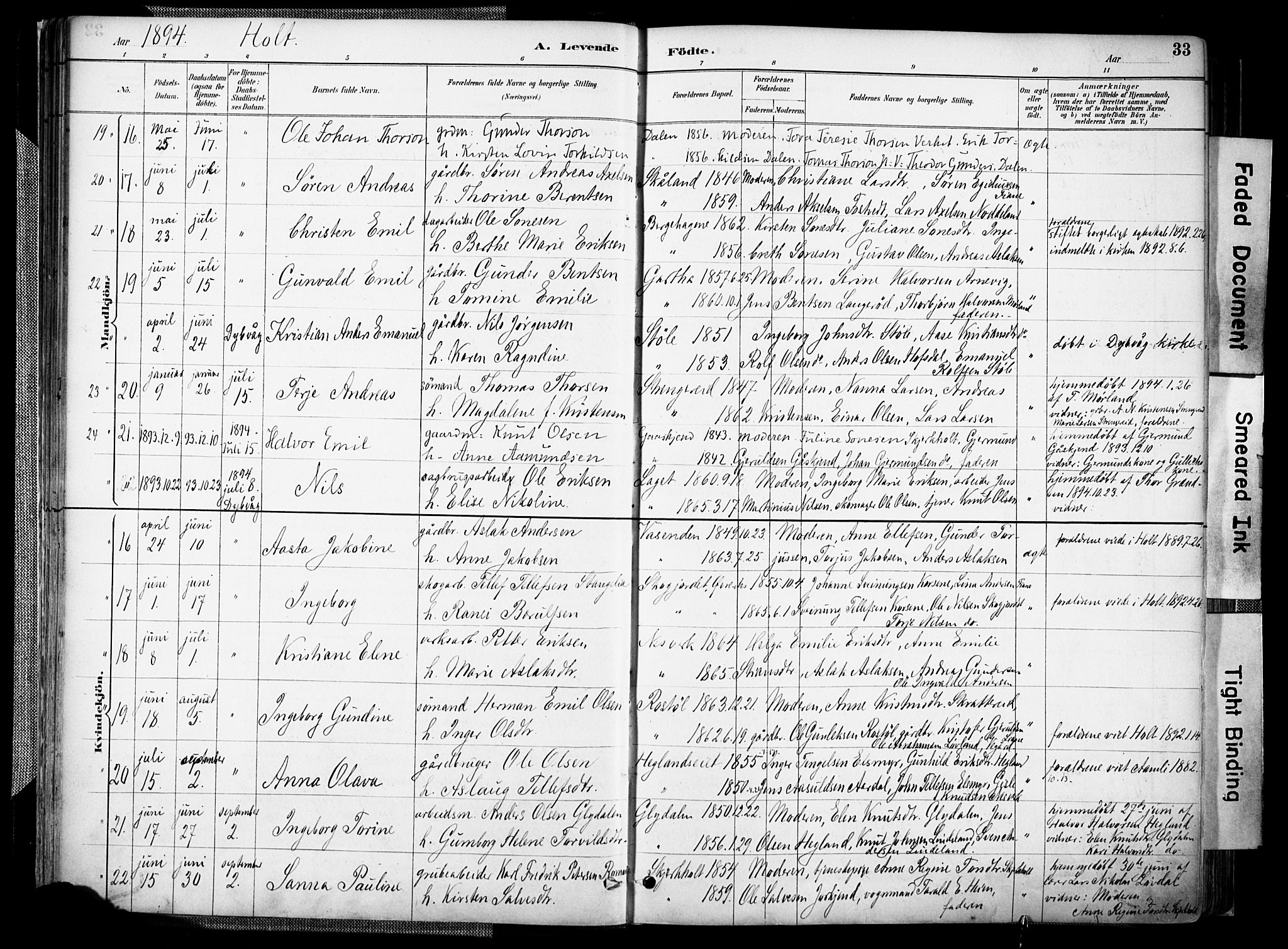 Holt sokneprestkontor, AV/SAK-1111-0021/F/Fa/L0012: Parish register (official) no. A 12, 1885-1907, p. 33