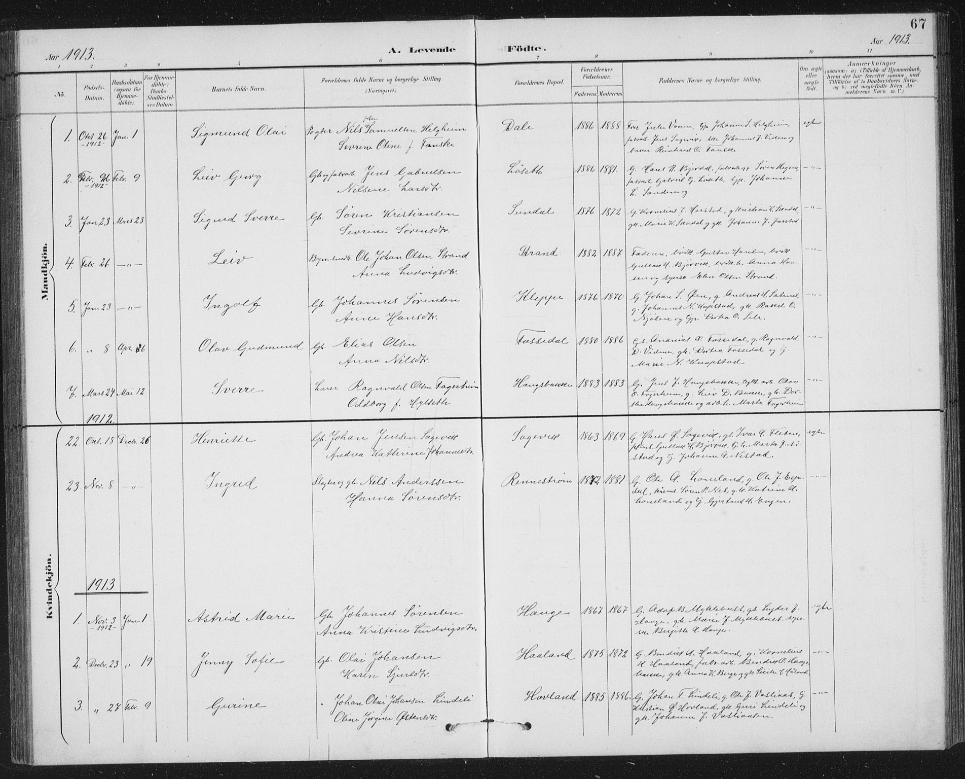 Fjaler sokneprestembete, AV/SAB-A-79801/H/Hab/Habc/L0003: Parish register (copy) no. C 3, 1894-1917, p. 67