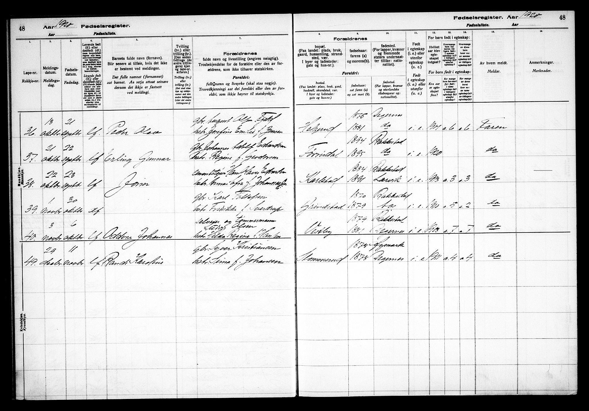 Rakkestad prestekontor Kirkebøker, AV/SAO-A-2008/J/Ja/L0001: Birth register no. I 1, 1916-1936, p. 48