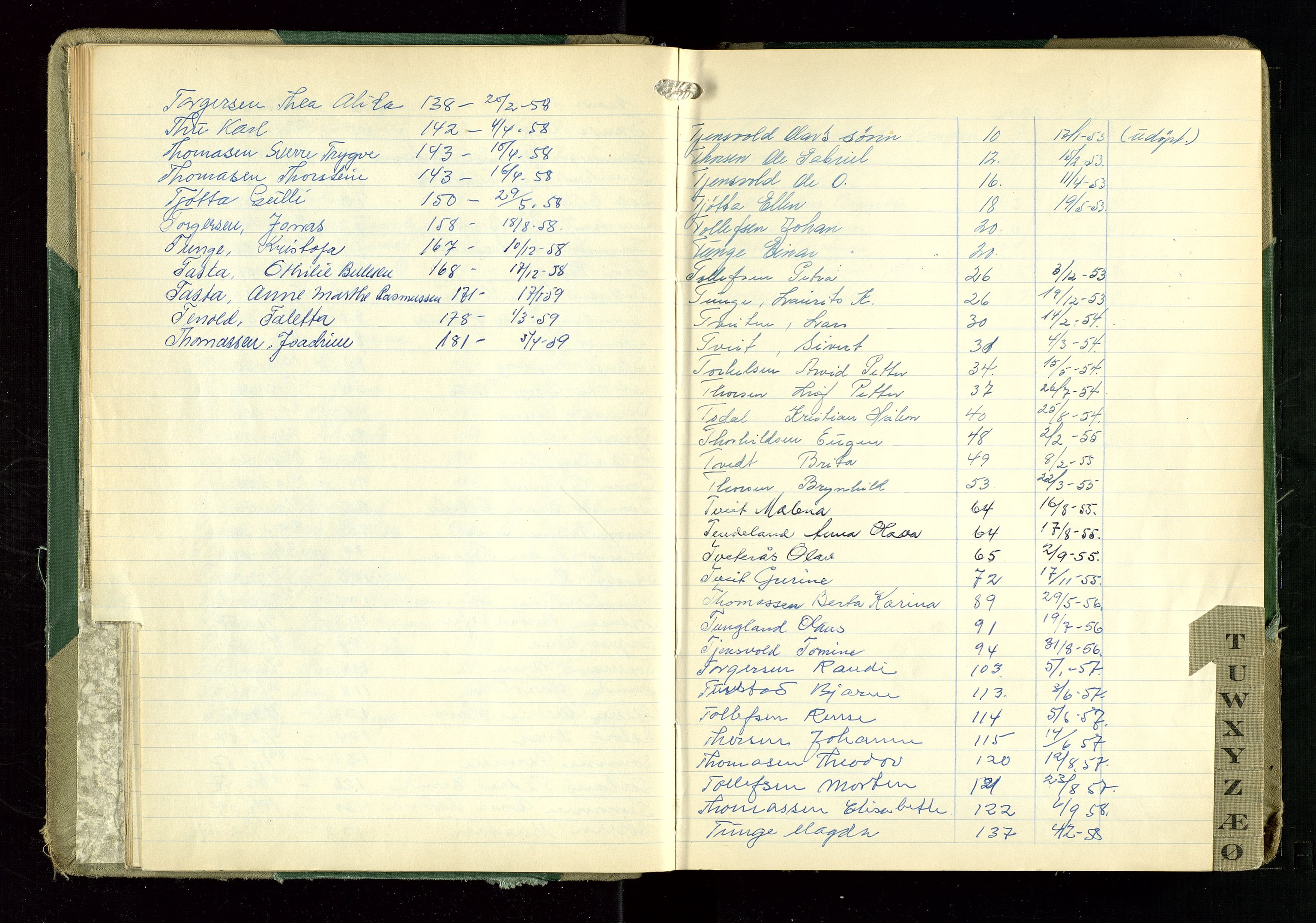 Hetland lensmannskontor, AV/SAST-A-100101/Gga/L0006: "Protokoll over anmeldte dødsfall" (med alfabetisk navneregister), 1952-1959