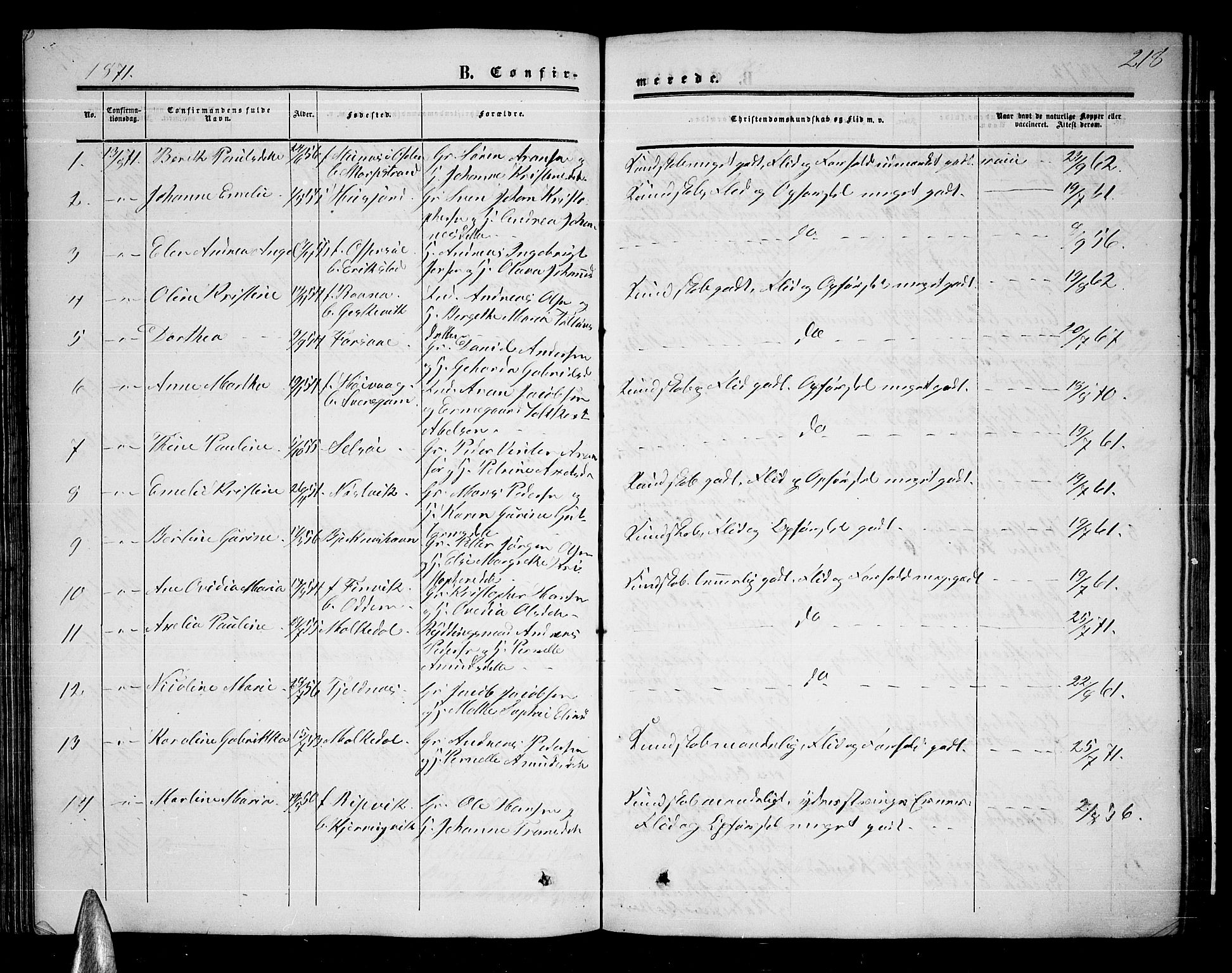 Ministerialprotokoller, klokkerbøker og fødselsregistre - Nordland, AV/SAT-A-1459/872/L1046: Parish register (copy) no. 872C02, 1852-1879, p. 218