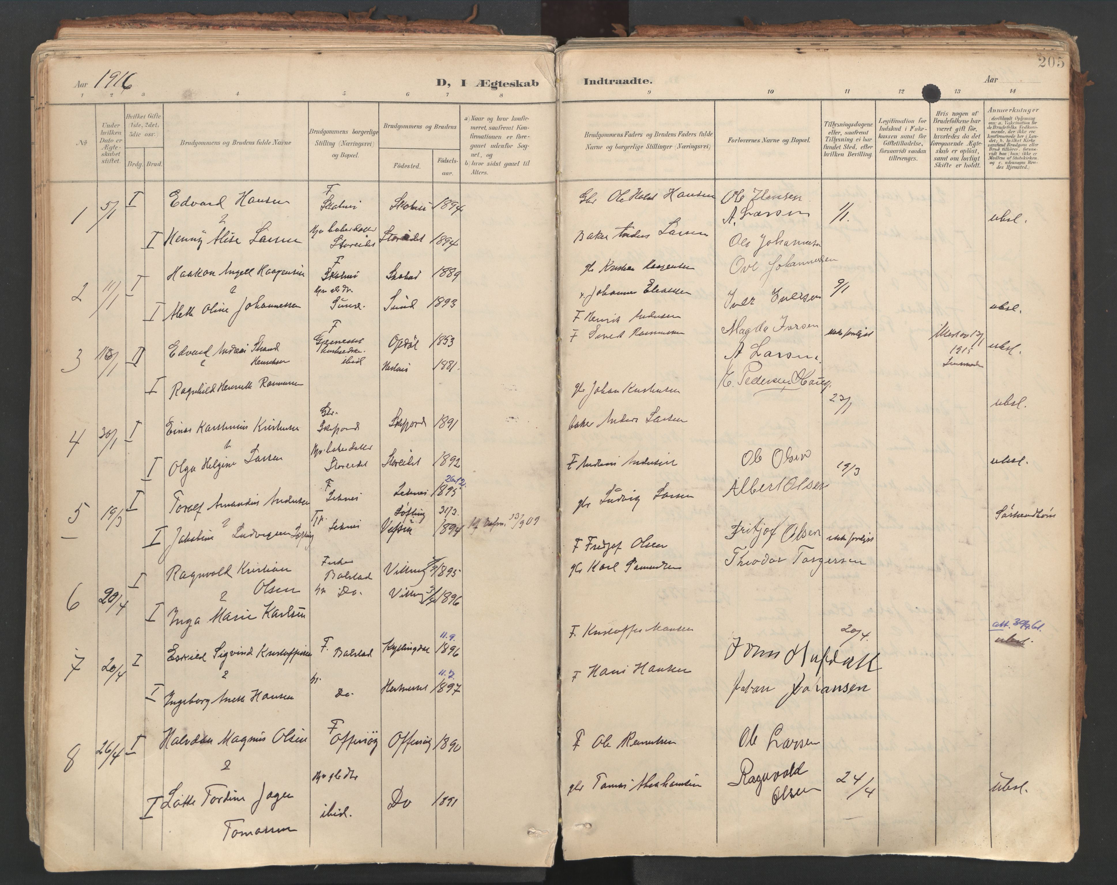 Ministerialprotokoller, klokkerbøker og fødselsregistre - Nordland, AV/SAT-A-1459/881/L1154: Parish register (official) no. 881A07, 1907-1918, p. 205