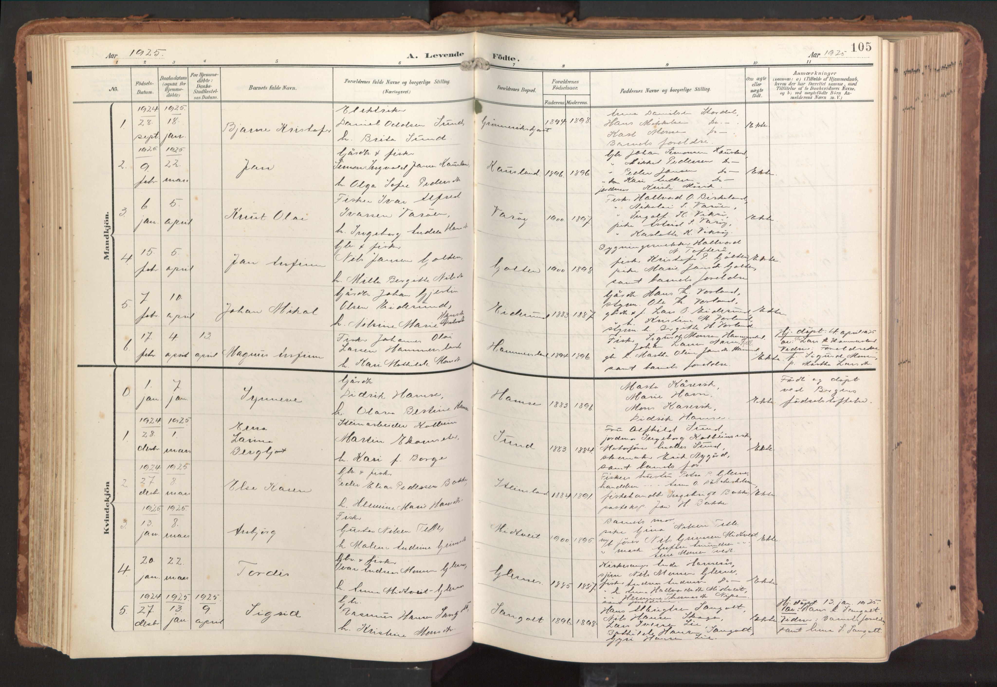 Sund sokneprestembete, SAB/A-99930: Parish register (official) no. B 2, 1907-1926, p. 105