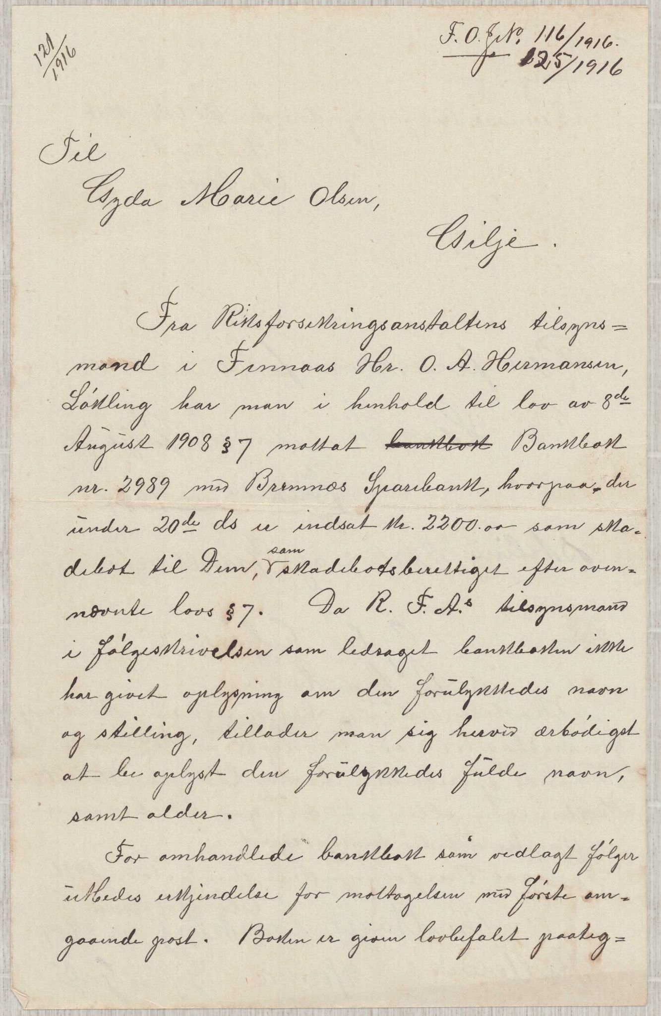 Finnaas kommune. Overformynderiet, IKAH/1218a-812/D/Da/Daa/L0003/0001: Kronologisk ordna korrespondanse / Kronologisk ordna korrespondanse, 1914-1916, p. 135