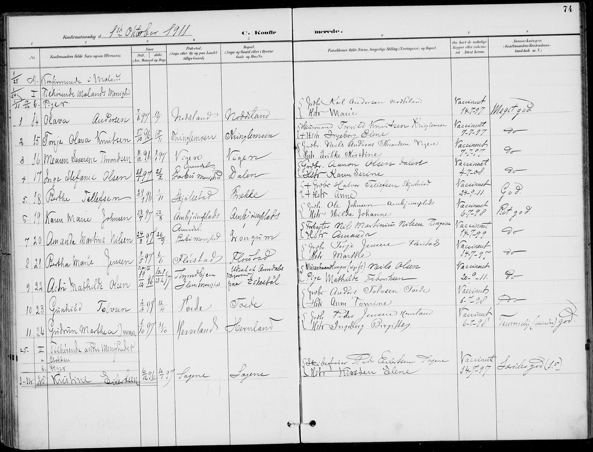 Austre Moland sokneprestkontor, SAK/1111-0001/F/Fa/Faa/L0011: Parish register (official) no. A 11, 1894-1915, p. 74