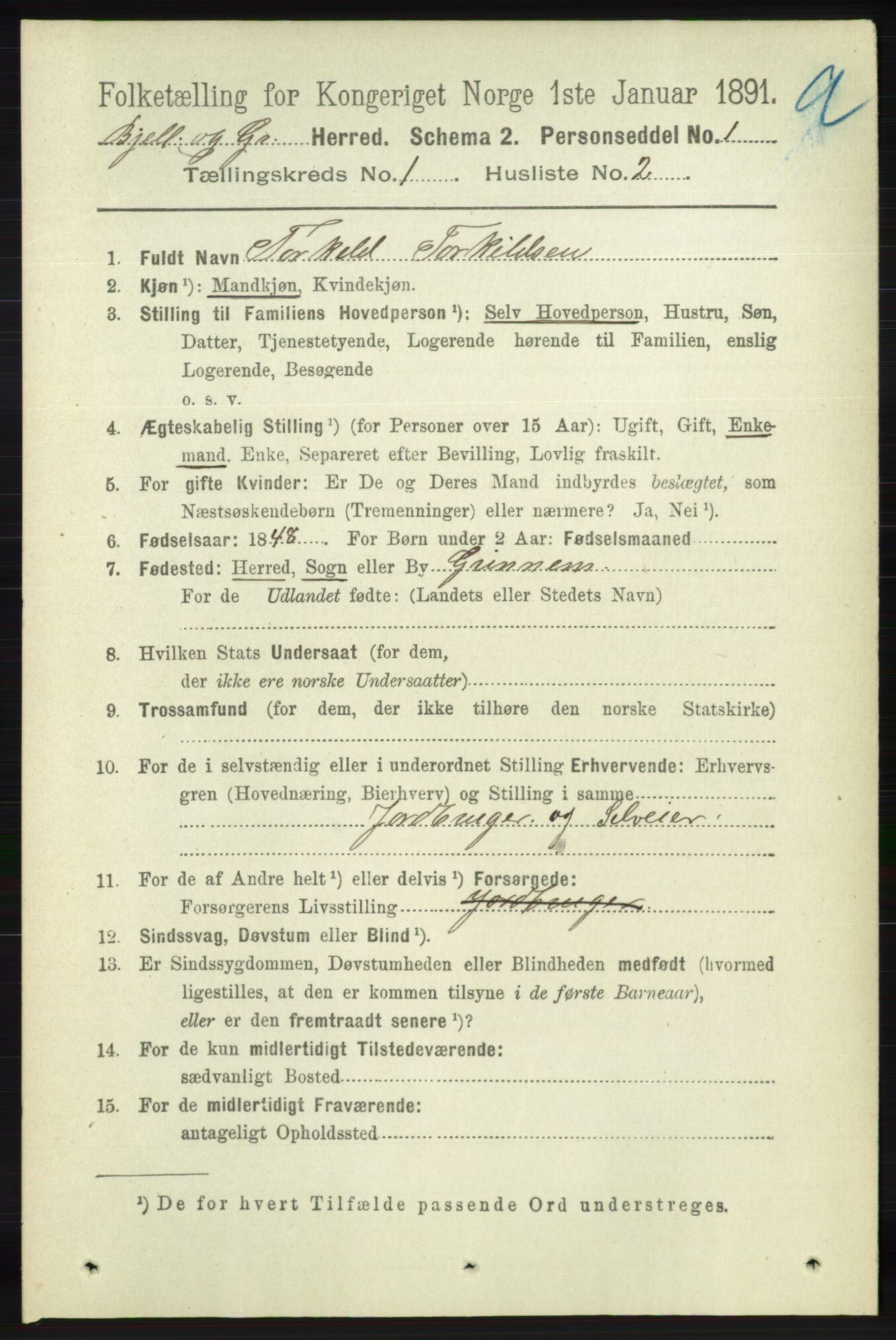 RA, 1891 census for 1024 Bjelland og Grindheim, 1891, p. 63