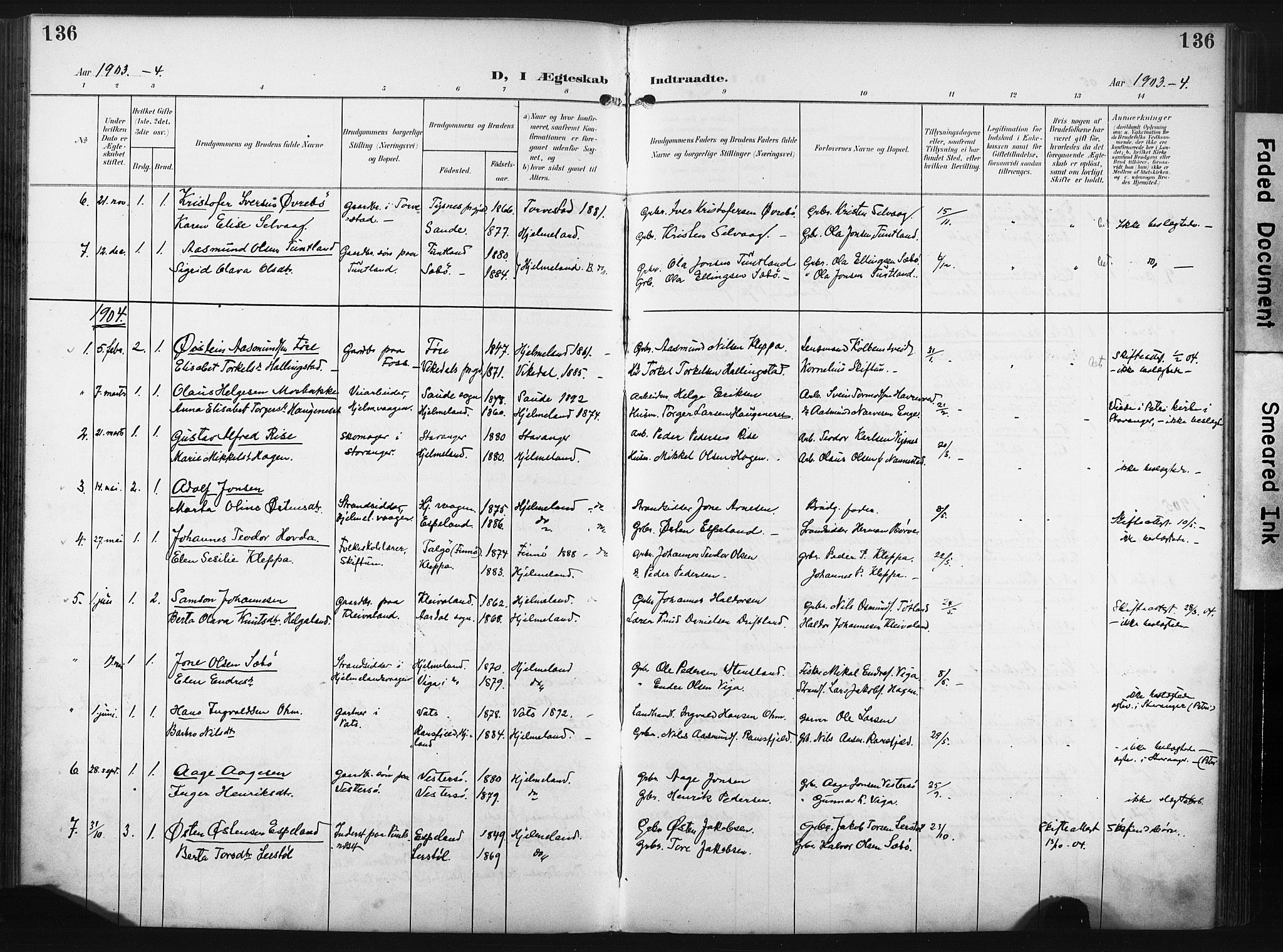 Hjelmeland sokneprestkontor, SAST/A-101843/02/A/L0002: Parish register (official) no. A 17, 1901-1916, p. 136