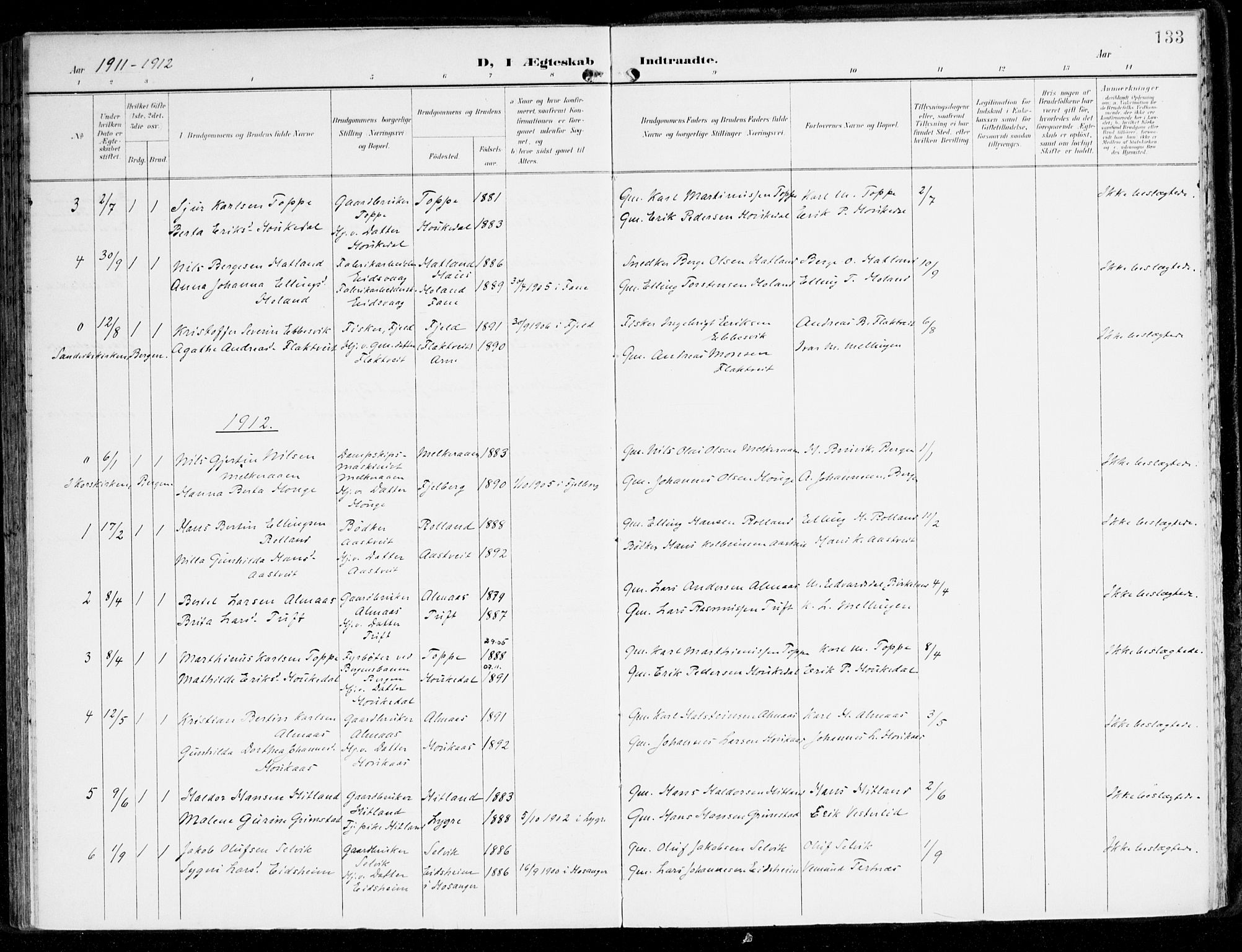 Hamre sokneprestembete, SAB/A-75501/H/Ha/Haa/Haad/L0002: Parish register (official) no. D 2, 1899-1916, p. 133