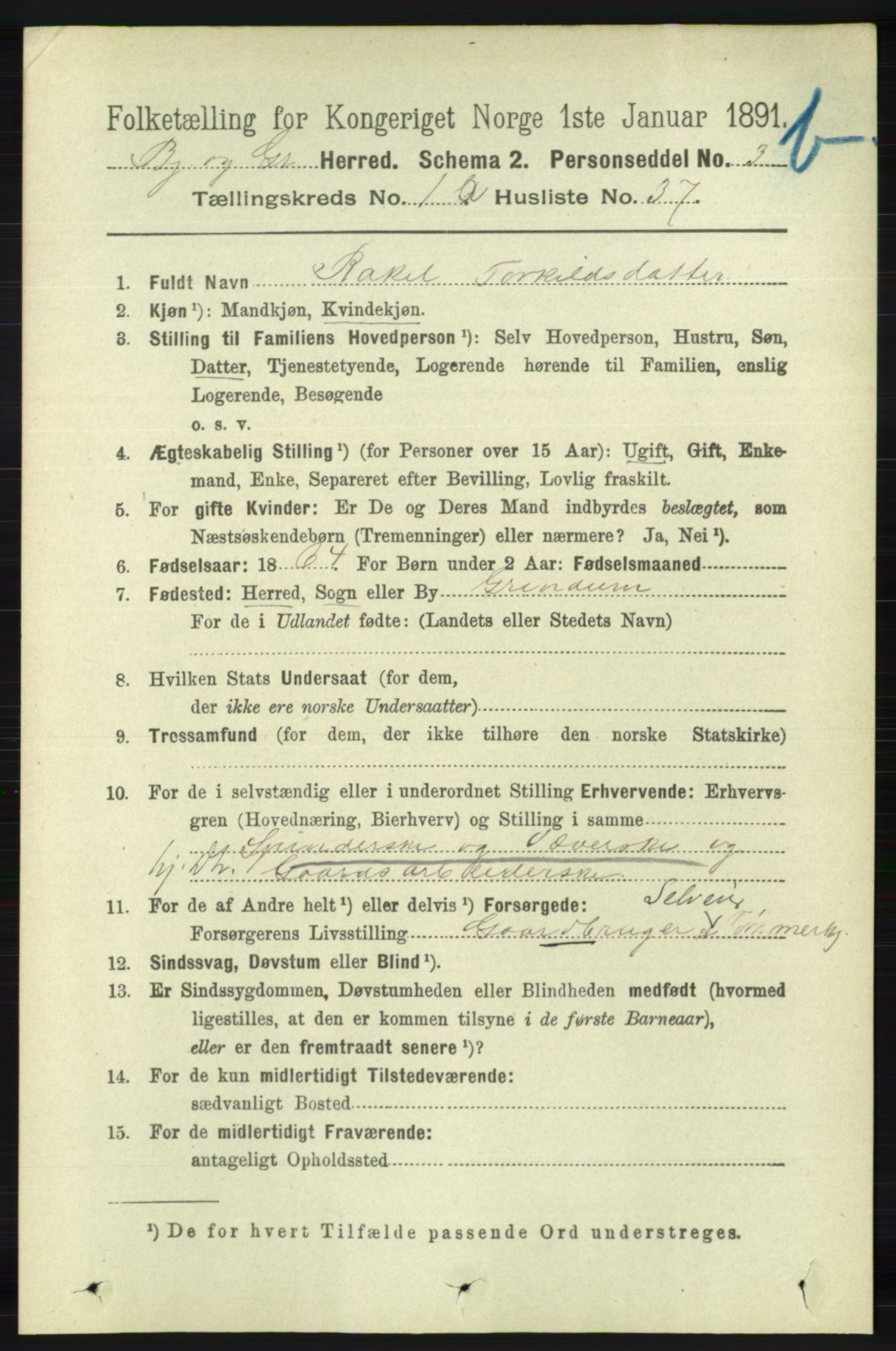 RA, 1891 census for 1024 Bjelland og Grindheim, 1891, p. 974