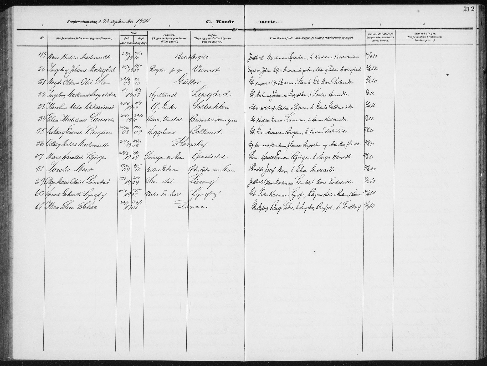 Biri prestekontor, SAH/PREST-096/H/Ha/Hab/L0006: Parish register (copy) no. 6, 1909-1938, p. 212