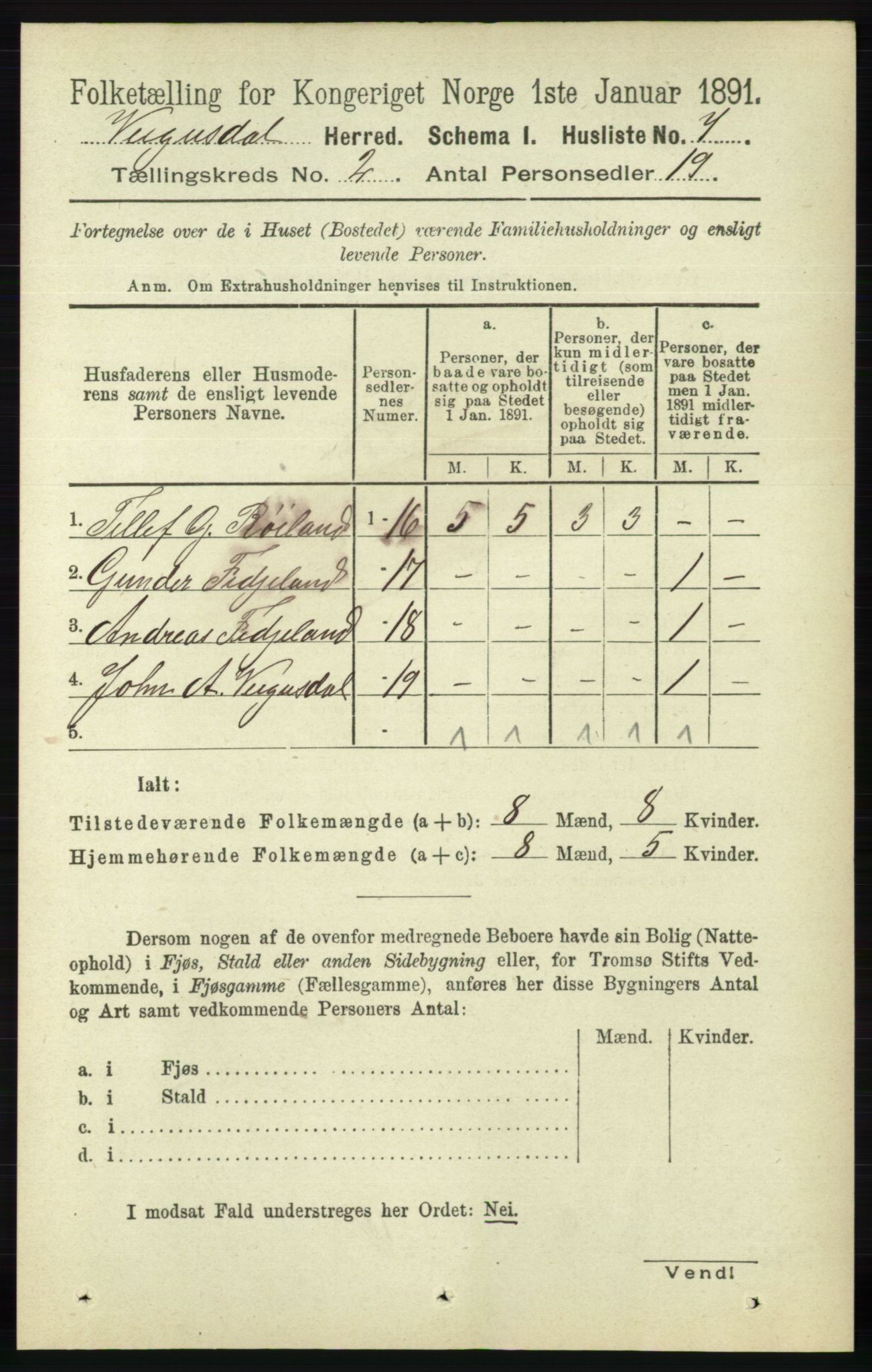 RA, 1891 census for 0934 Vegusdal, 1891, p. 296