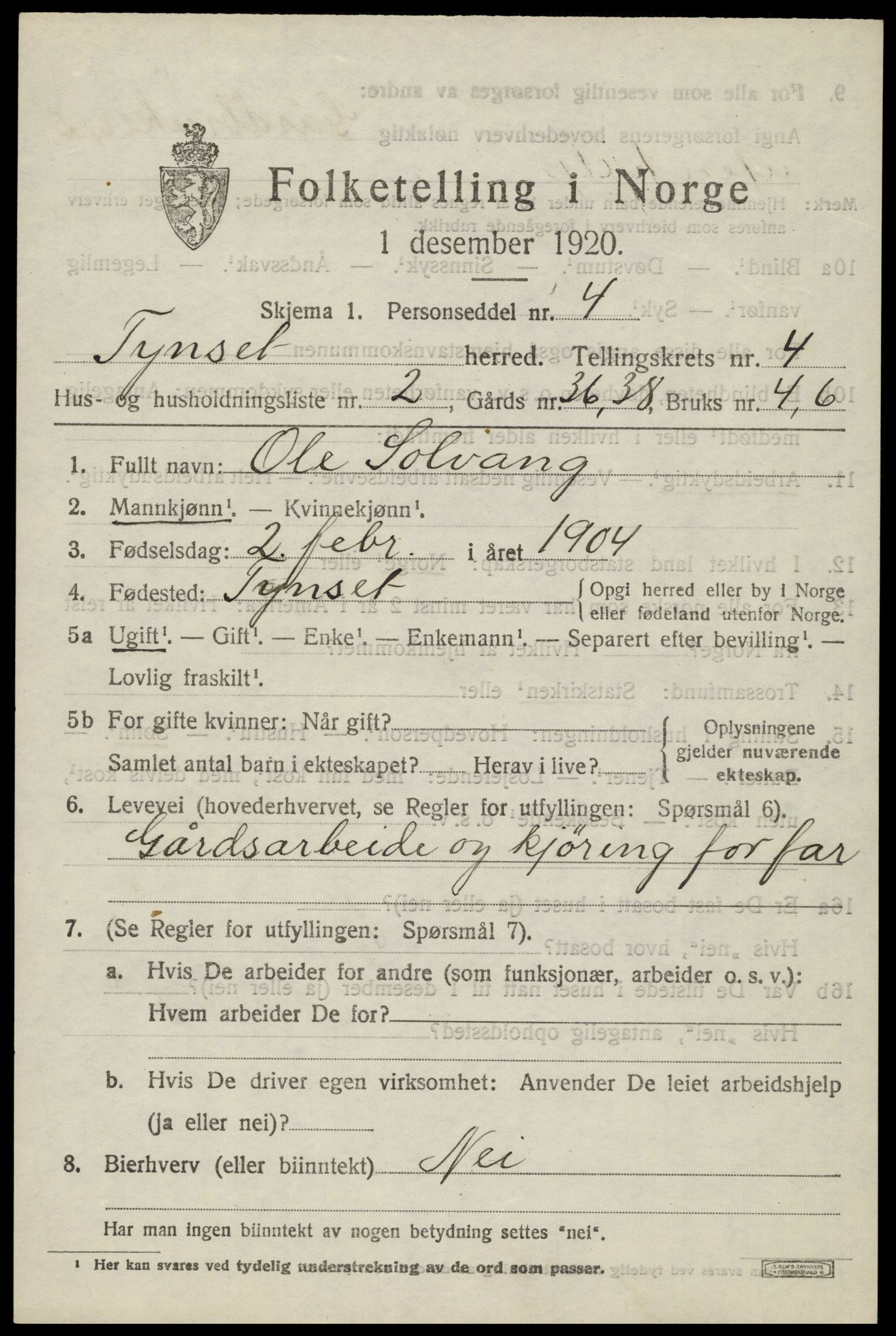 SAH, 1920 census for Tynset, 1920, p. 3192