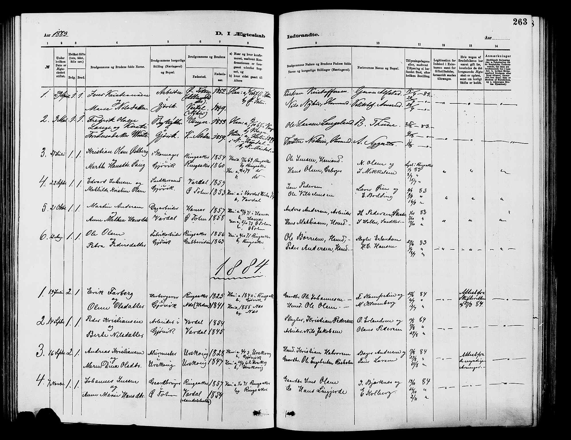 Vardal prestekontor, SAH/PREST-100/H/Ha/Hab/L0007: Parish register (copy) no. 7 /2, 1881-1895, p. 263