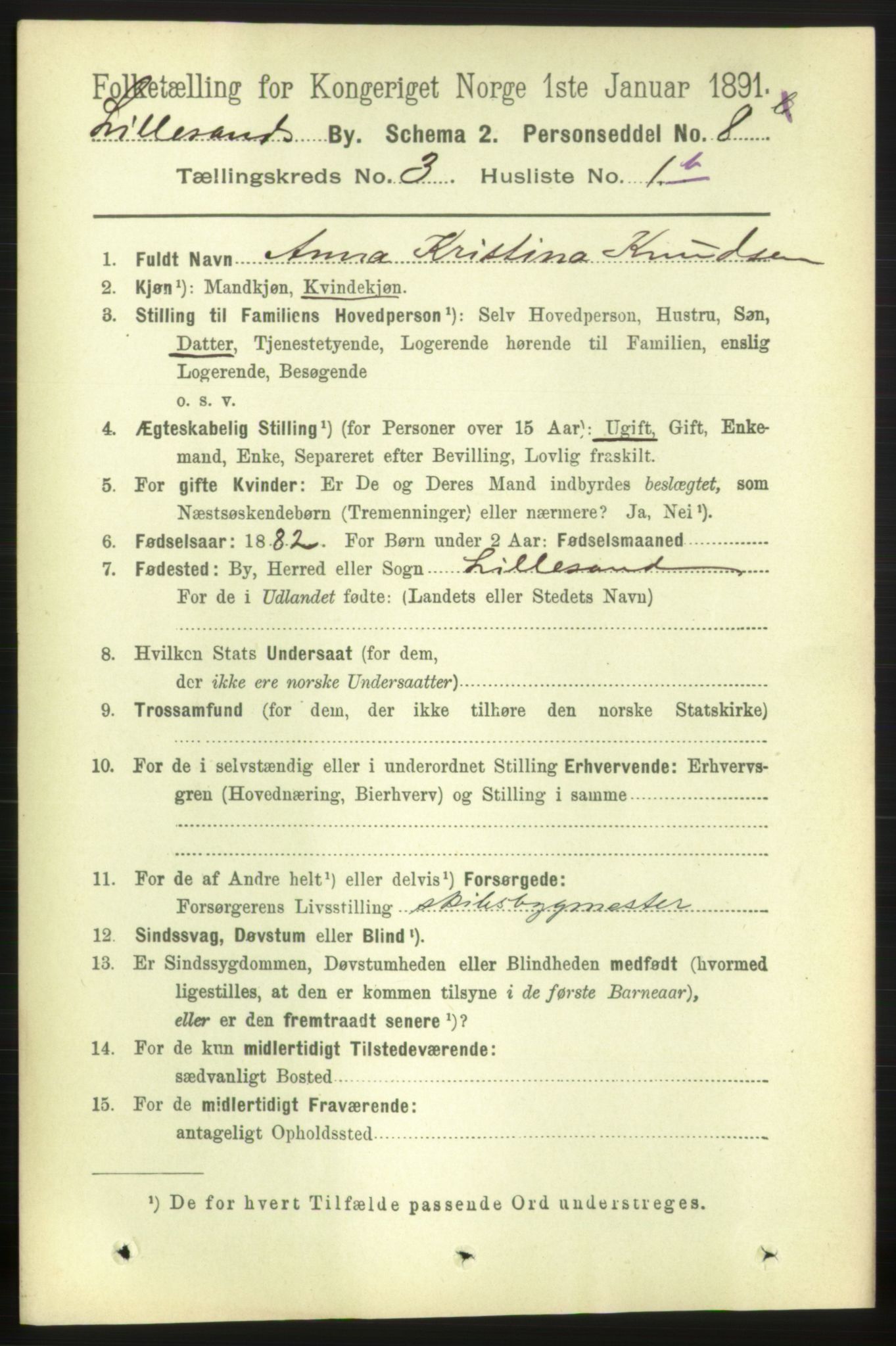 RA, 1891 census for 0905 Lillesand, 1891, p. 649