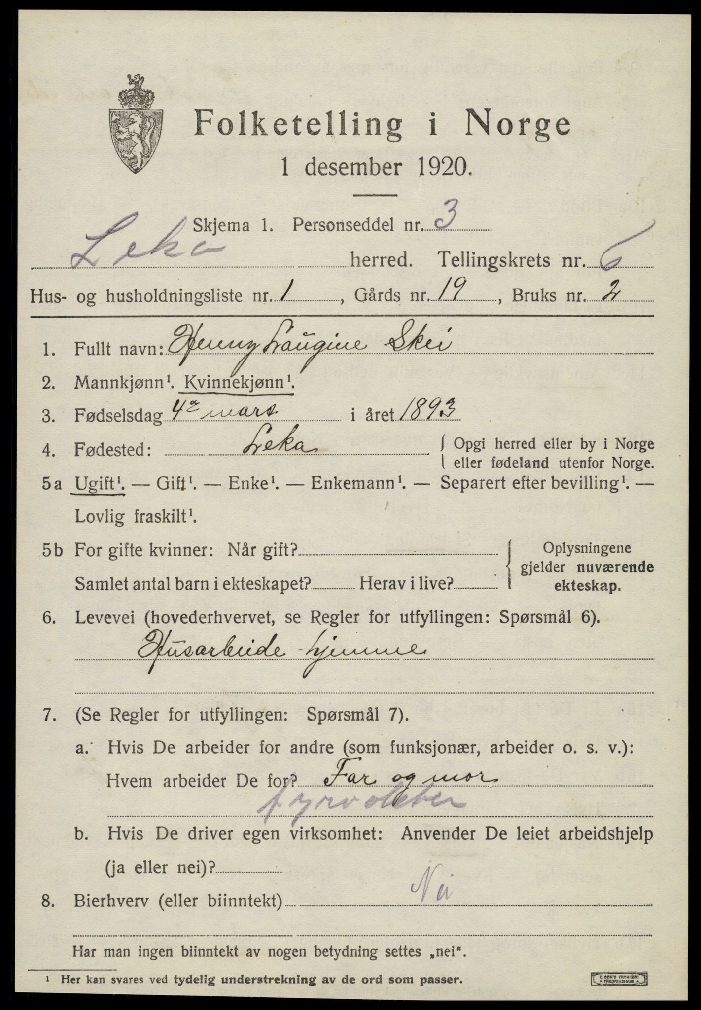 SAT, 1920 census for Leka, 1920, p. 2783