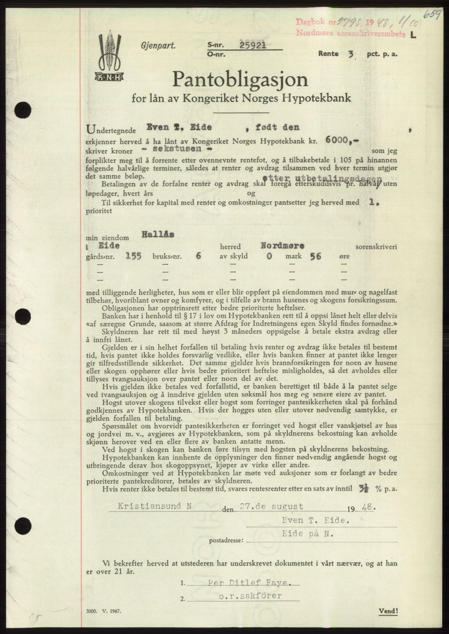 Nordmøre sorenskriveri, AV/SAT-A-4132/1/2/2Ca: Mortgage book no. B99, 1948-1948, Diary no: : 2795/1948