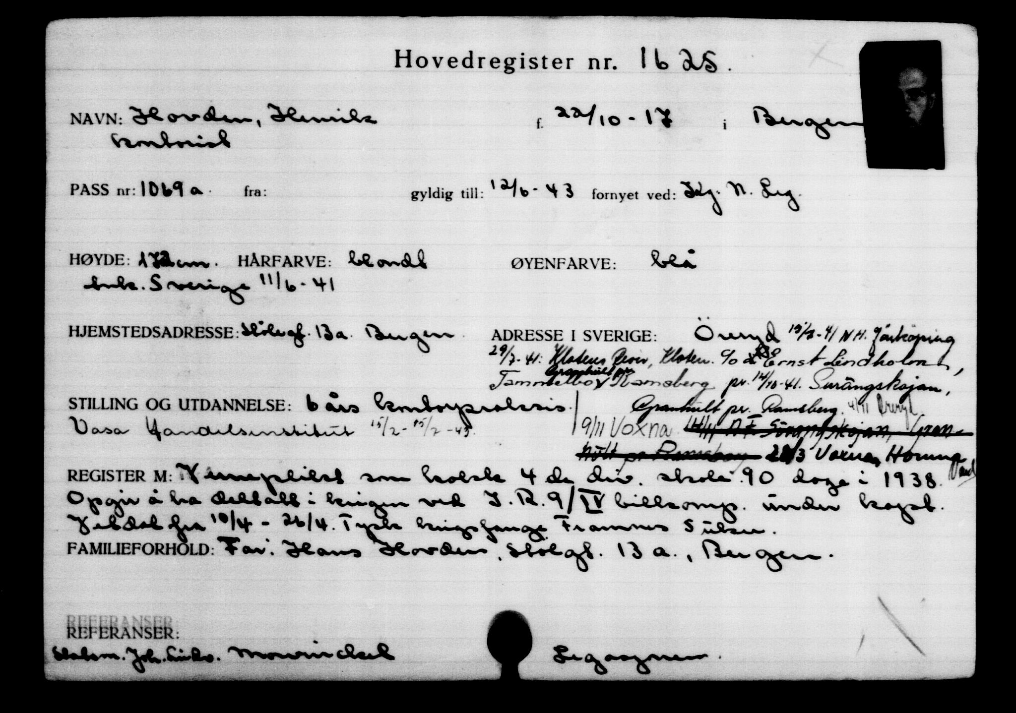 Utenriksstasjonene, Legasjonen i Stockholm, Flyktningkontoret, AV/RA-S-6753/V/Va/L0002: Kjesäterkartoteket, flyktninger med registreringsnr. 1001-2000, 1940-1945, p. 892