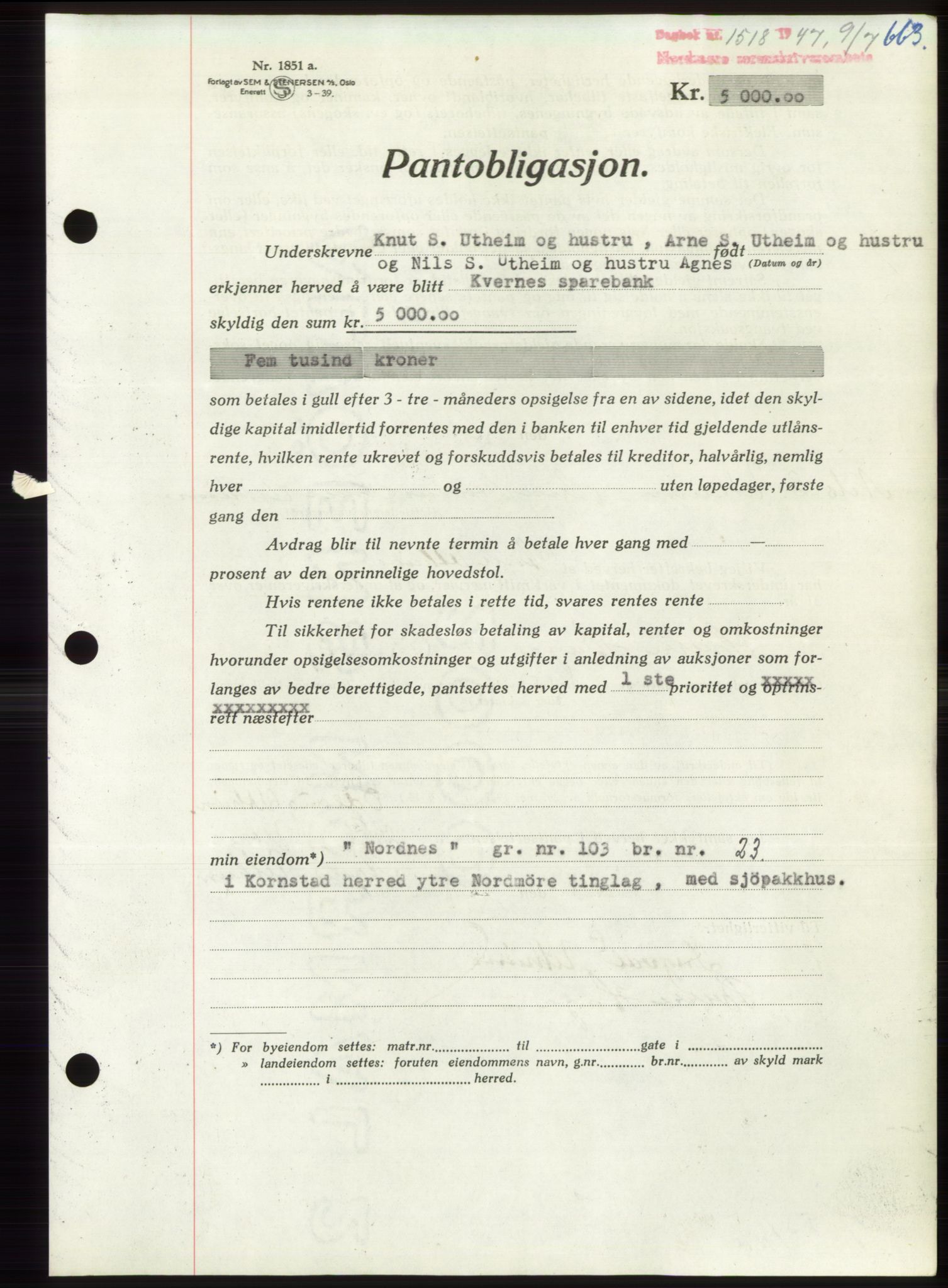 Nordmøre sorenskriveri, AV/SAT-A-4132/1/2/2Ca: Mortgage book no. B96, 1947-1947, Diary no: : 1518/1947