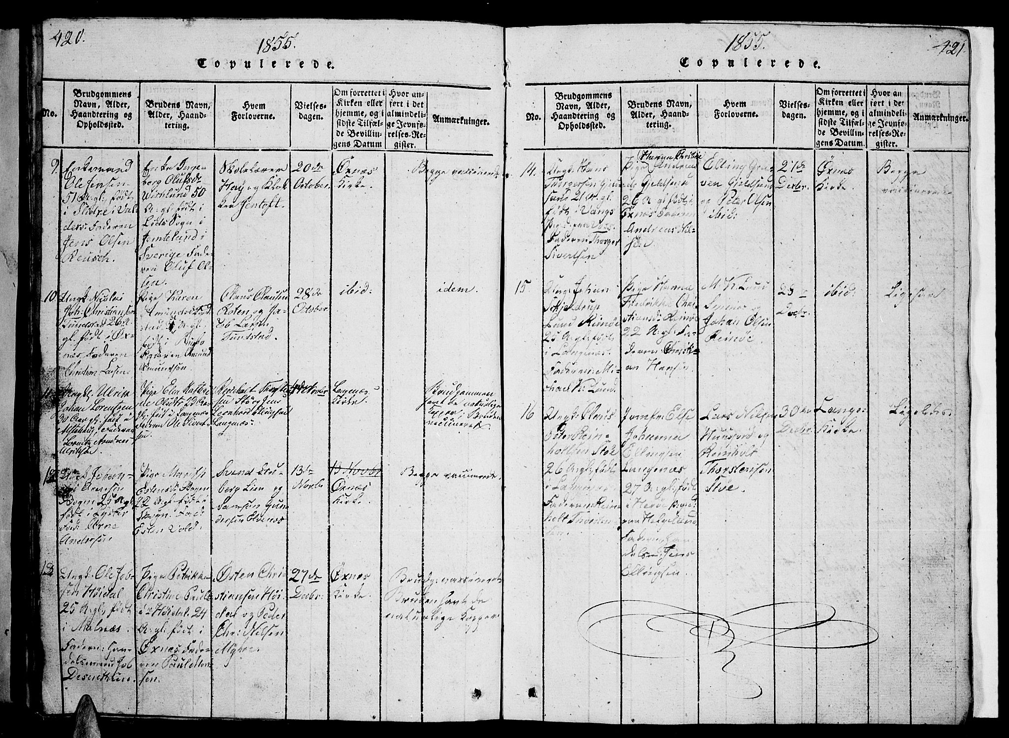 Ministerialprotokoller, klokkerbøker og fødselsregistre - Nordland, AV/SAT-A-1459/893/L1346: Parish register (copy) no. 893C01, 1820-1858, p. 420-421