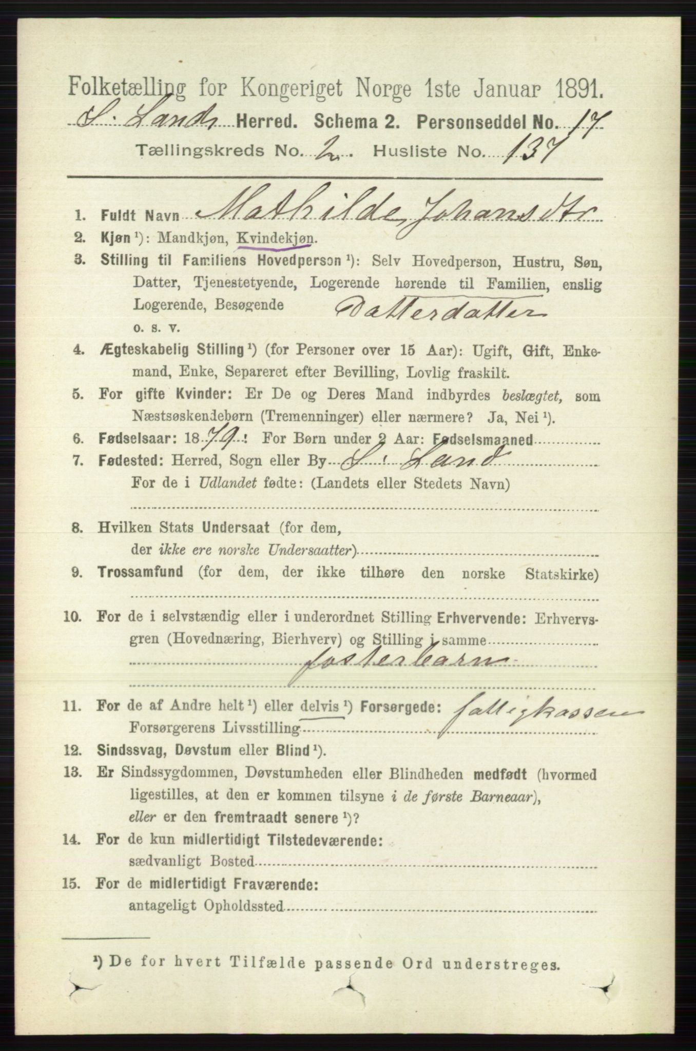 RA, 1891 census for 0536 Søndre Land, 1891, p. 1869