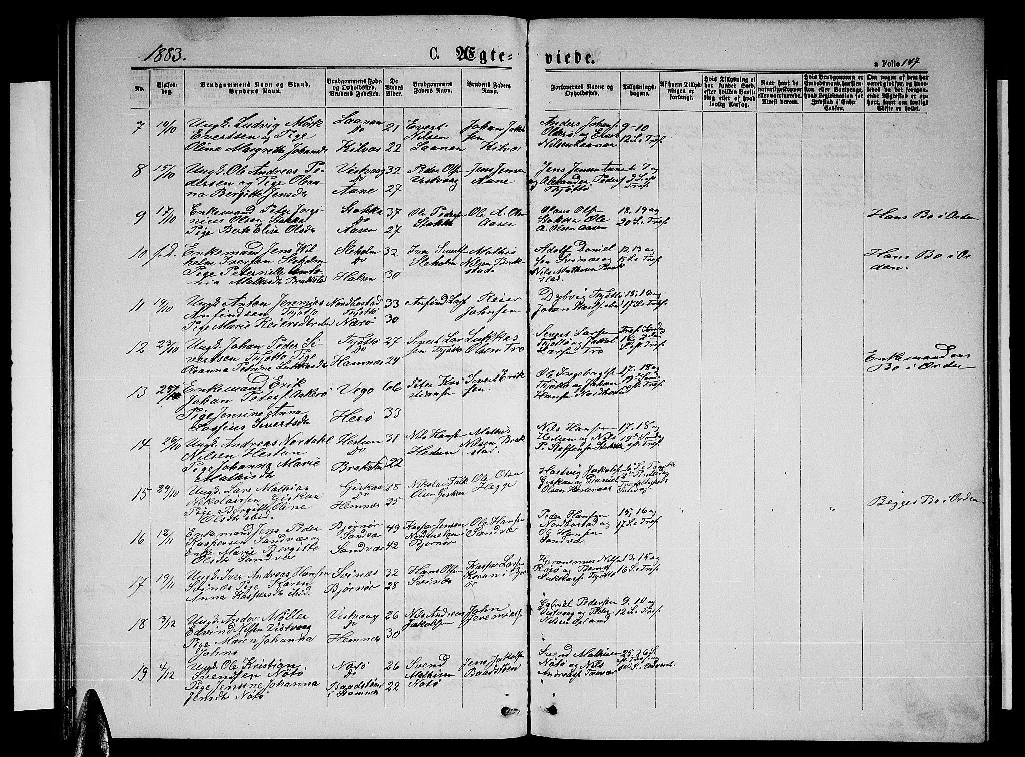 Ministerialprotokoller, klokkerbøker og fødselsregistre - Nordland, SAT/A-1459/817/L0267: Parish register (copy) no. 817C02, 1870-1883, p. 147