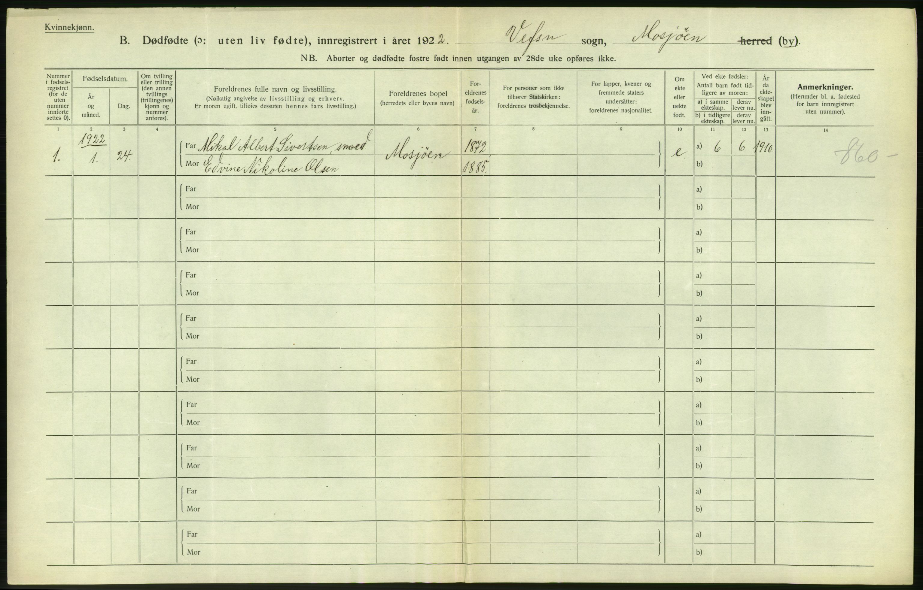 Statistisk sentralbyrå, Sosiodemografiske emner, Befolkning, AV/RA-S-2228/D/Df/Dfc/Dfcb/L0045: Nordland fylke: Gifte, dødfødte. Bygder og byer., 1922, p. 308