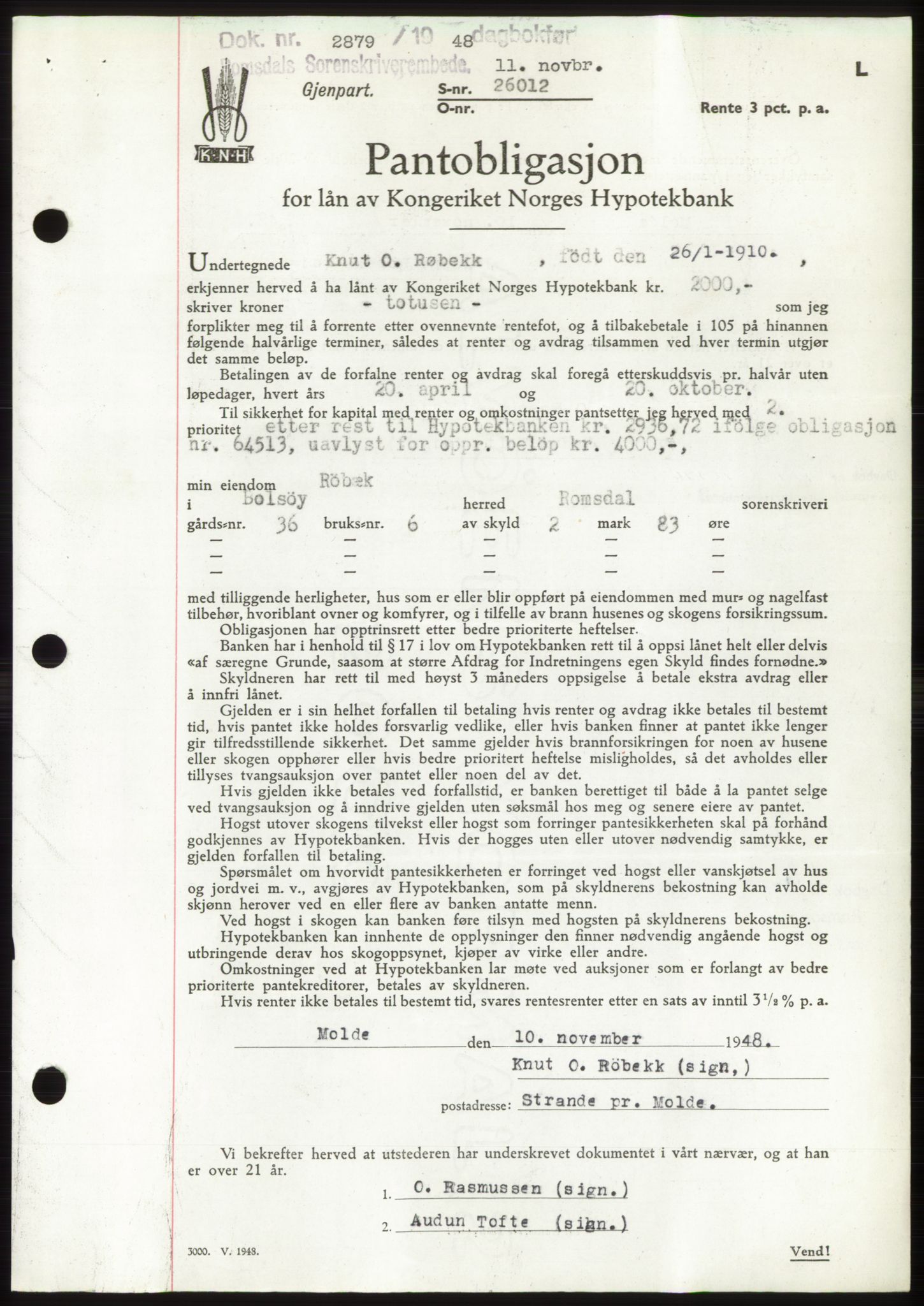 Romsdal sorenskriveri, AV/SAT-A-4149/1/2/2C: Mortgage book no. B4, 1948-1949, Diary no: : 2879/1948