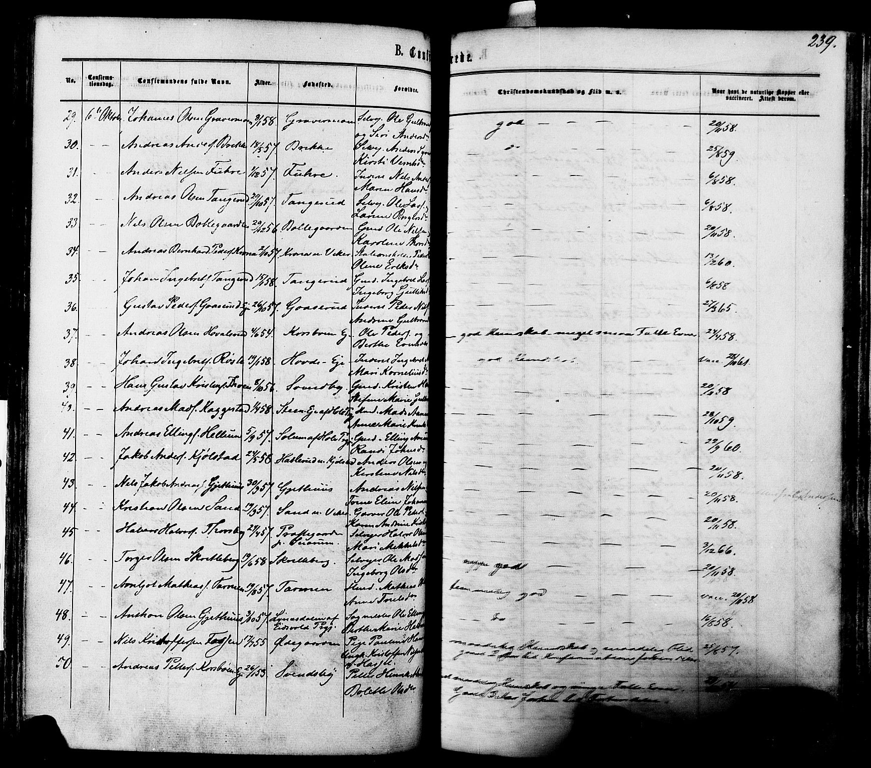 Modum kirkebøker, AV/SAKO-A-234/F/Fa/L0010: Parish register (official) no. 10, 1865-1876, p. 239