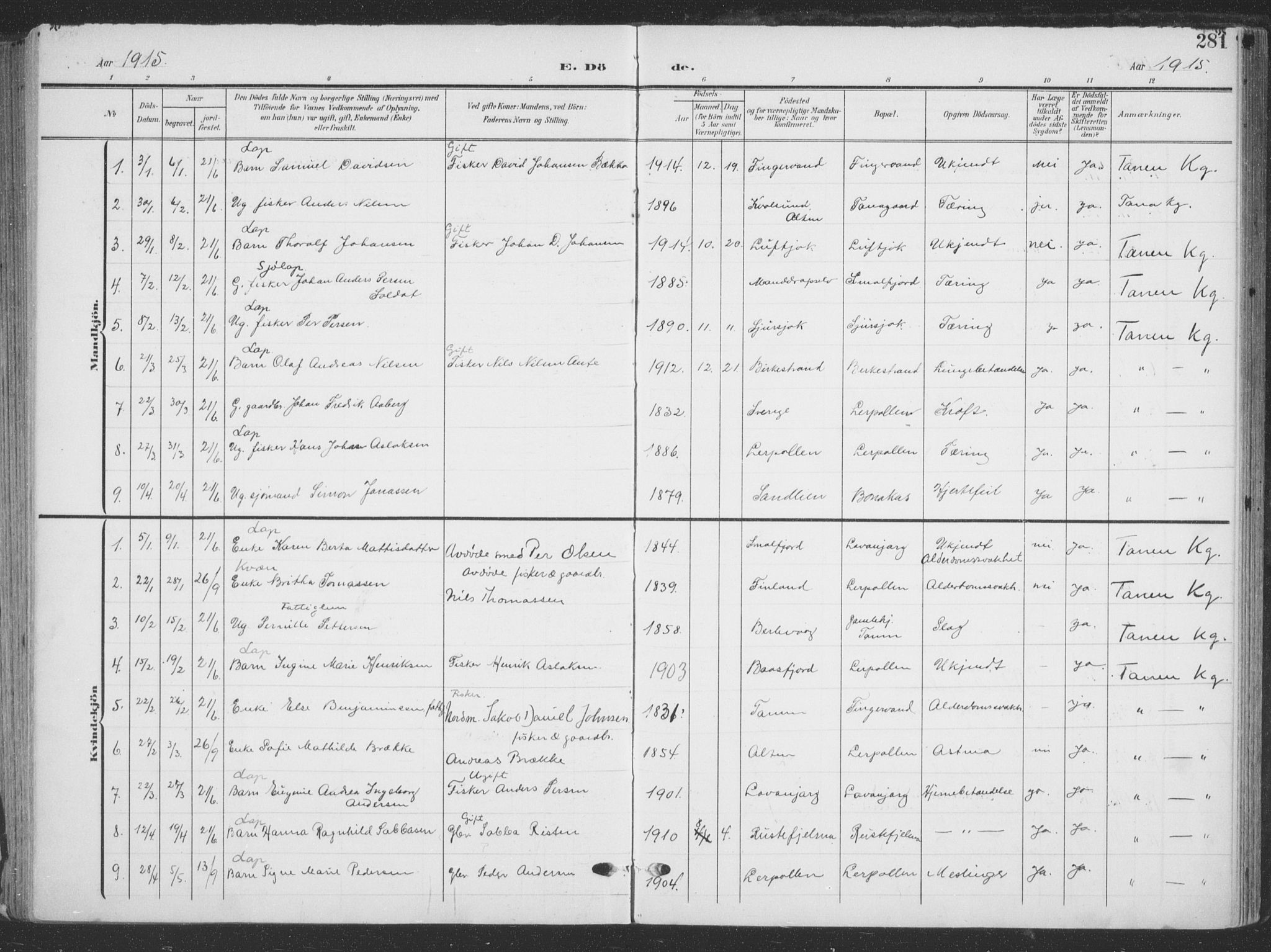 Tana sokneprestkontor, SATØ/S-1334/H/Ha/L0007kirke: Parish register (official) no. 7, 1904-1918, p. 281
