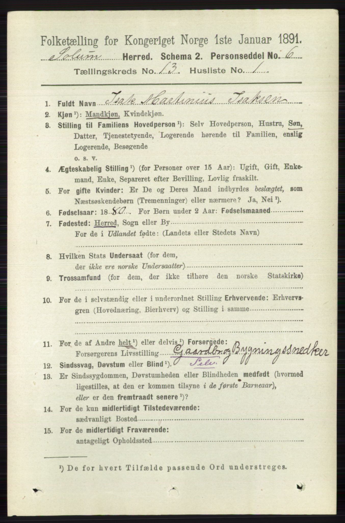 RA, 1891 census for 0818 Solum, 1891, p. 6062